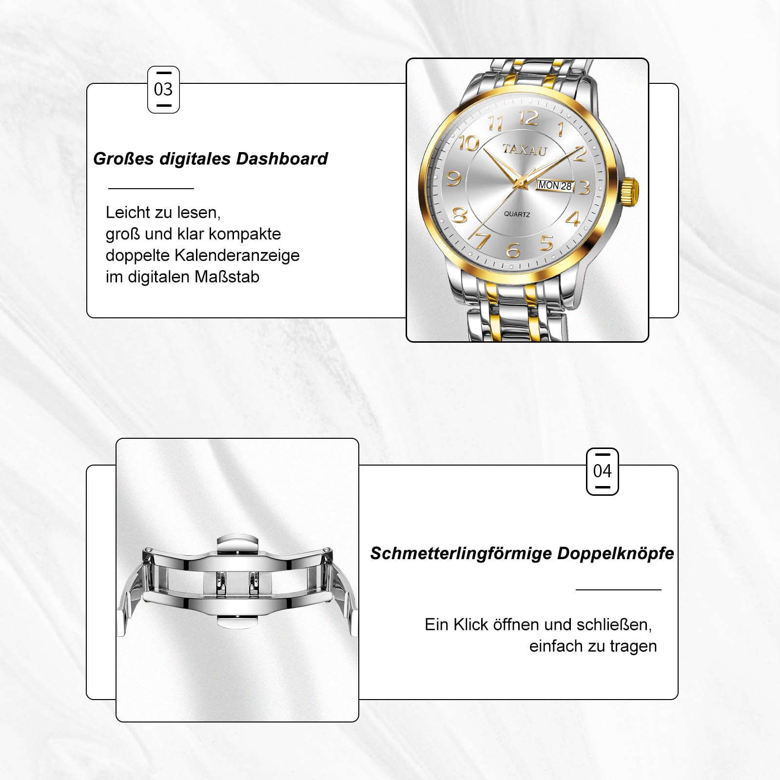 Taxau Herren Armbanduhr Quarz Analog Klassische Herrenuhr mit Edelstahlarmband und Datumsanzeige,30M Wasserdicht Elegante Business Uhr für Büro,Freizeit,Geschenk für Männer