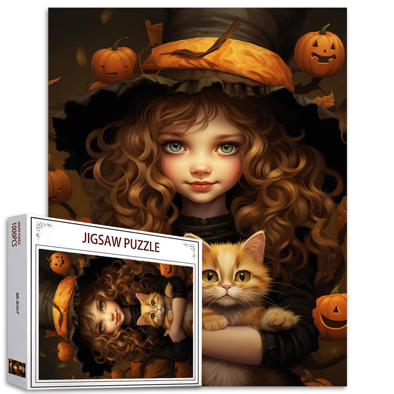 Halloween Pumpkin Girl Jigsaw Puzzle Curly Brown Hair Doll Holding Cat 1000 Piece Jigsaw Puzzles for Adults Home Decor Family Puzzle Perfect for Game Nights 20 x 27 Inch