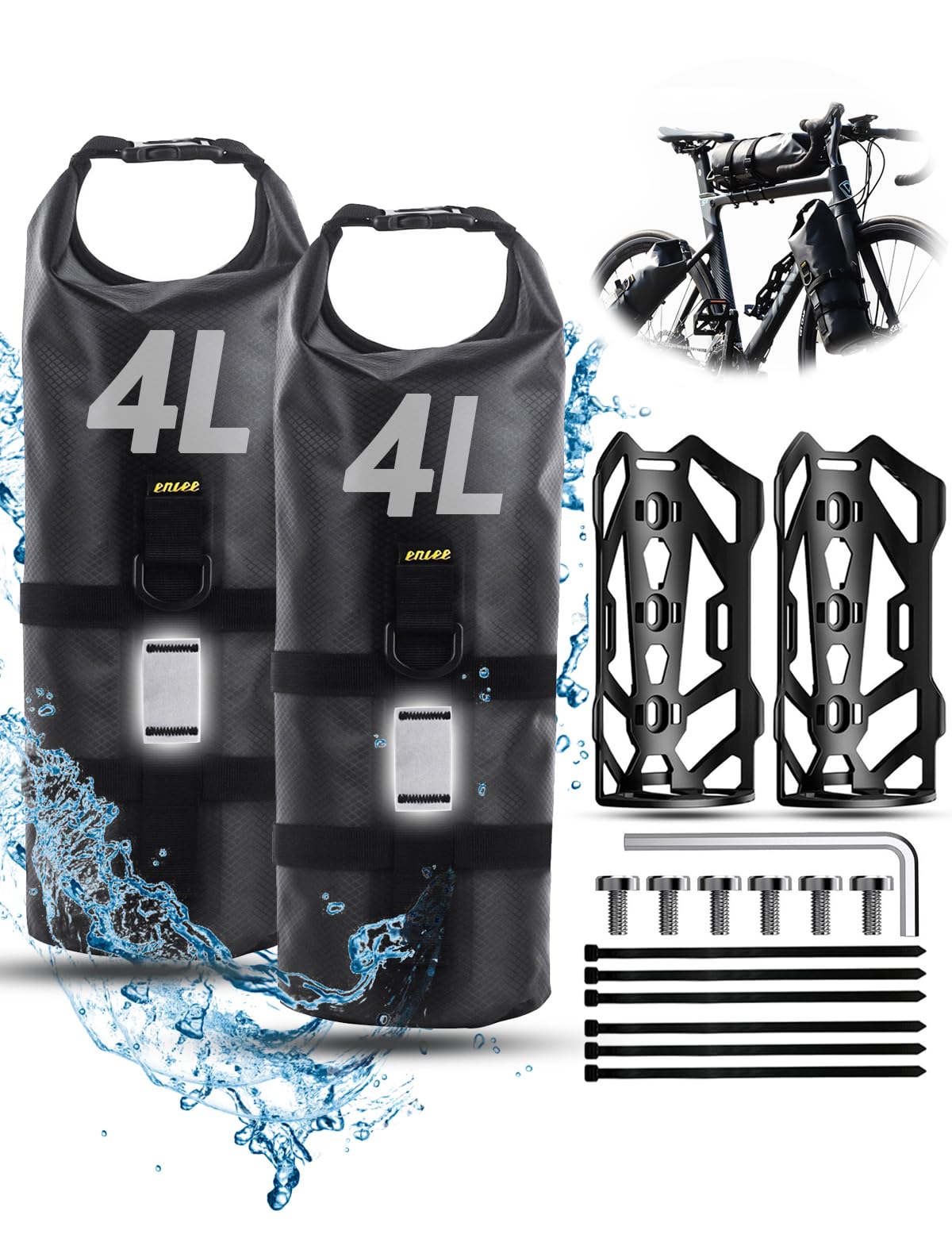 Lot de 2 sacoches de vélo 4 L + 4 L, avec support polyvalent, 100 % étanche, compatible avec les vélos de montagne et de route