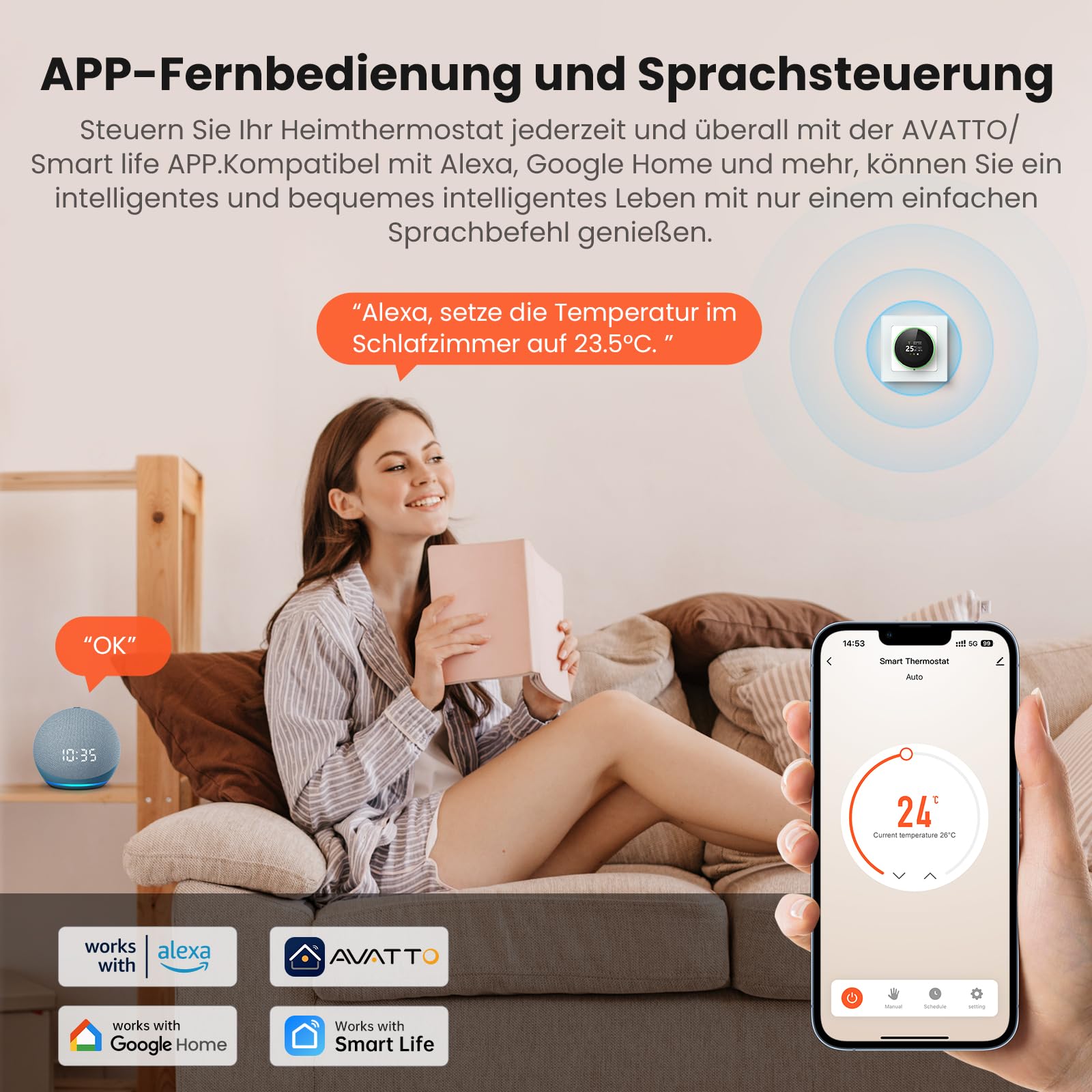 AVATTO Smart Drehknopf Thermostat Fussbodenheizung Wasser, WiFi Heizungsthermostat Smart Digital Raumthermostat Kompatibel mit Alexa, Google Home