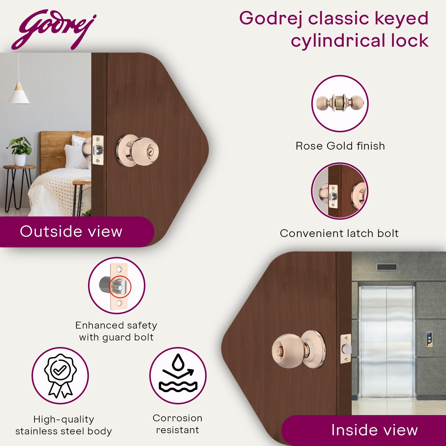 Godrej Cylindrical Lock | with 3 Keys | Suitable for Bedroom Doors&Inter-Connected Doors for Commercial Space | 70mm Backset | Door Thickness 32mm to 45mm | Rose Gold Finish | 5 Year Warranty — Amazon image 3