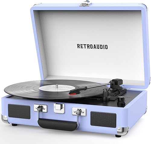 Reproductor de discos de vinilo de 3 velocidades Bluetooth portátil de maleta con correa con 2 altavoces estéreo incorporados, tocadiscos de vinilo