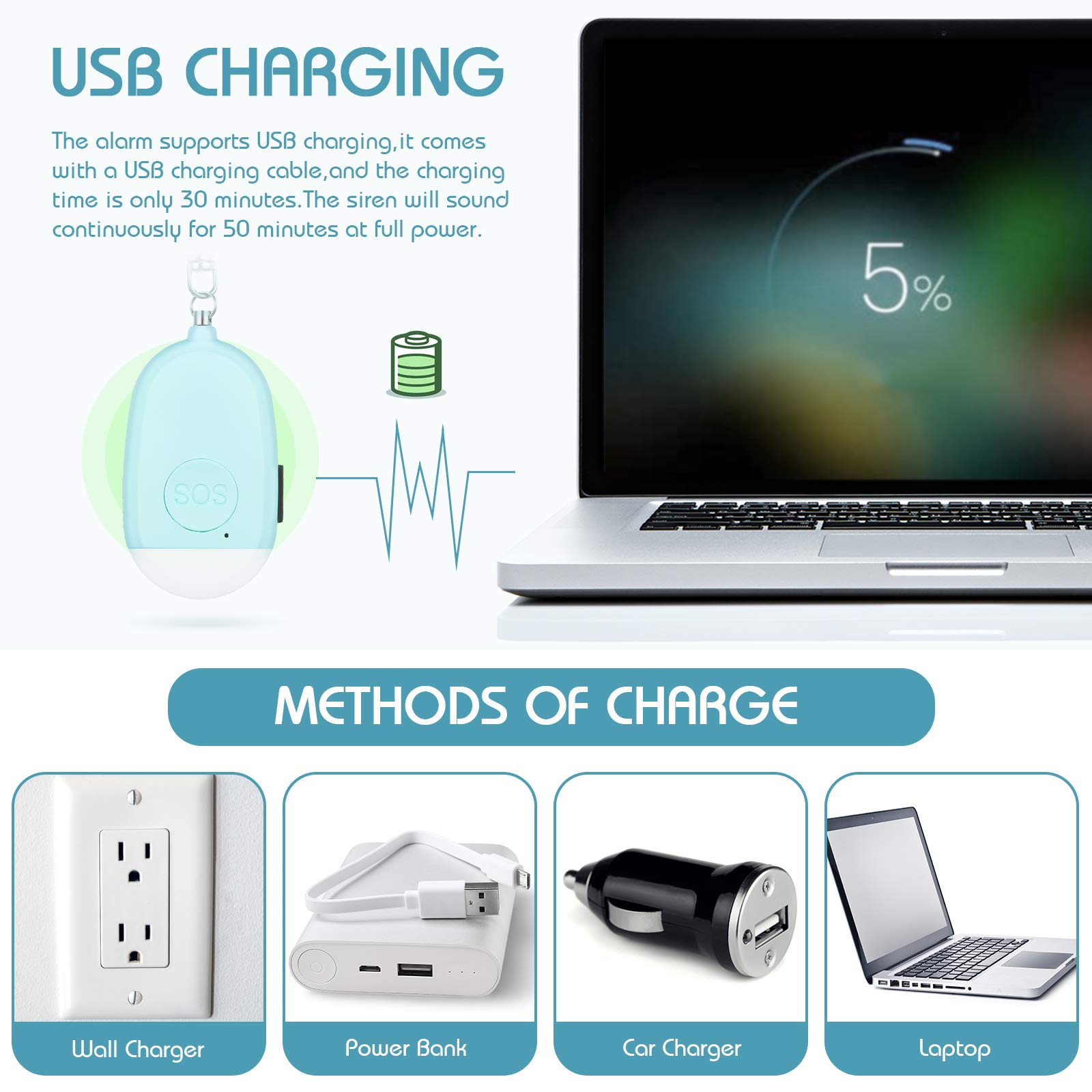 4 Piezas Llavero de Alarma de Seguridad Personal Llavero Canción de Auto Sirena de Alarma de Seguridad de 130 db con USB Recargable Linterna LED para Mujeres Niños Ancianos Hombres