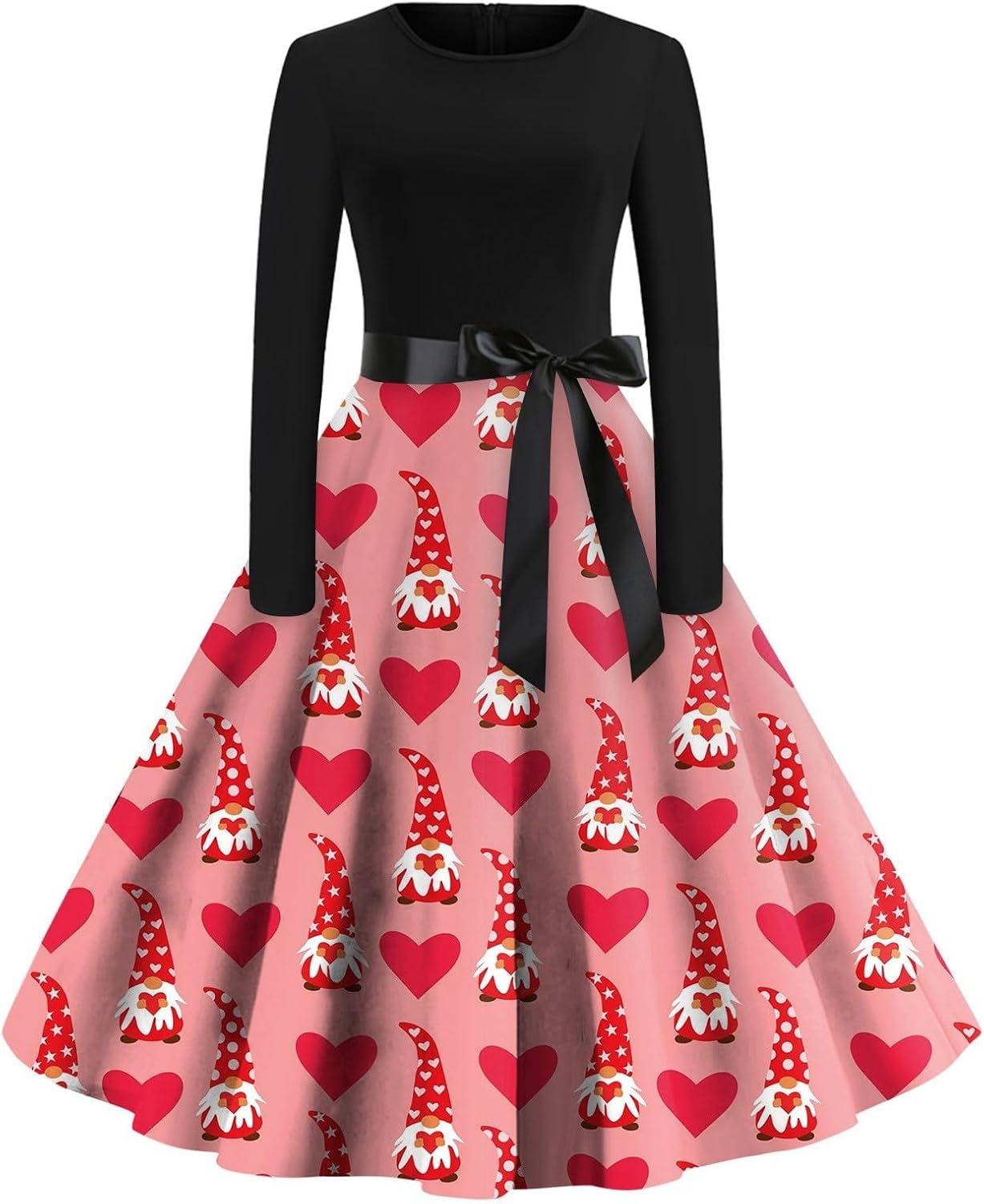 Robes De Noël Retro Femme Robes Soirée Vintage 1950's Hepburn Pin-Up Noël Imprimé Manches Longues A - Ligne Robe Rockabilly Swing Automne Hiver Adolescents Fille Princesse