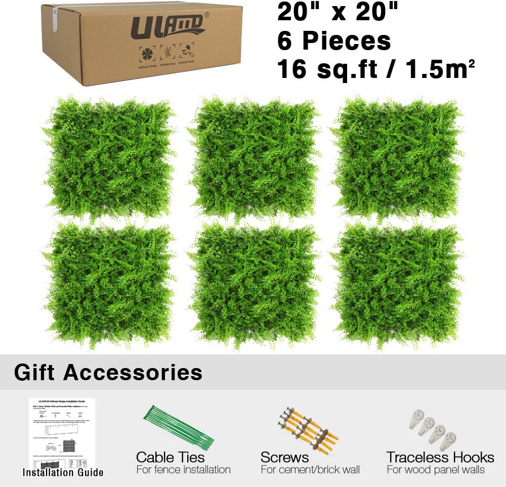 Artificial Grass Wall Panels, 6pcs 20"x20" Plant Wall Mats for Greenery Backdrop, 1.5 sqms Outdoor Green Hedges for Privacy Screening Fence Covering