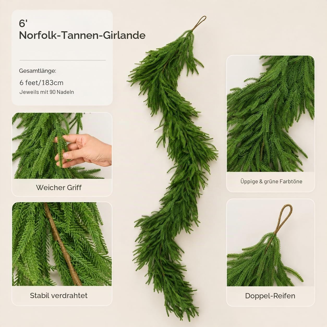 Deluxe Weihnachtsgirlande – Real Touch Norfolk-Kieferngirlande für Kamin, Treppe, Bögen und Weihnachtsdeko, Künstliches Grün (Norfolk-Kieferngirlande, 1,8 m) | Realistische künstliche Weihnachtsdekoration