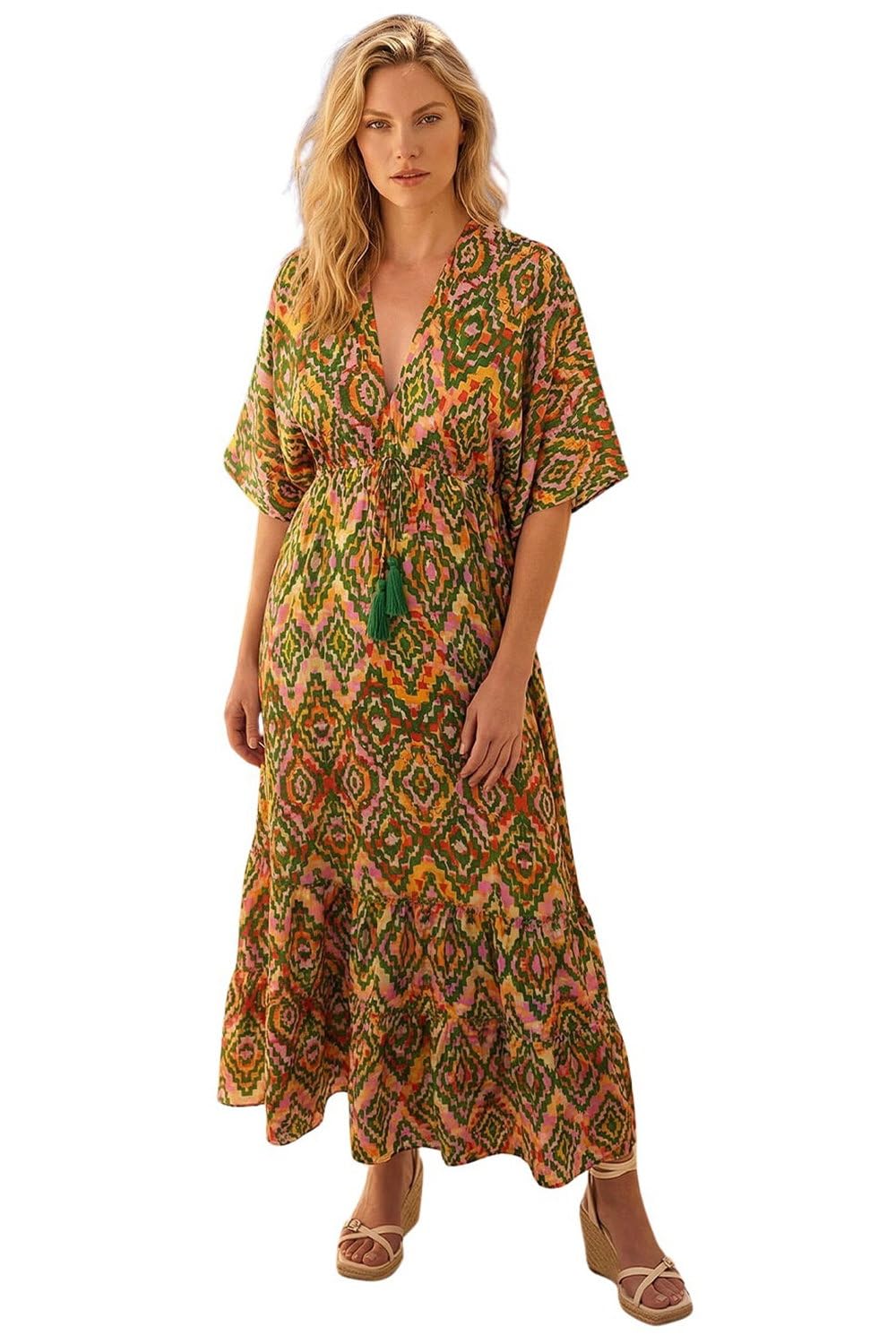 Roman Originals Women's Aztec Amber Roman Paisley Print Boho Maxi Dress For Uk - Spring Everyday Summer Holiday V-Neckline Comfy Batwing Sleeves Soft Fit & Flare Frock Dinner Date Gowns