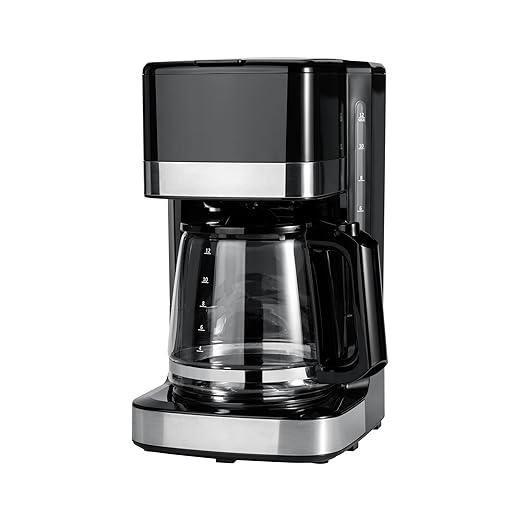 Amazon Basics 12 Cup Drip Coffee Maker, Coffee Machine with Glass Coffee Pot (1.9 Qt), Auto Shut-off, Auto Pause, Removable Filter Basket, Black & Silver