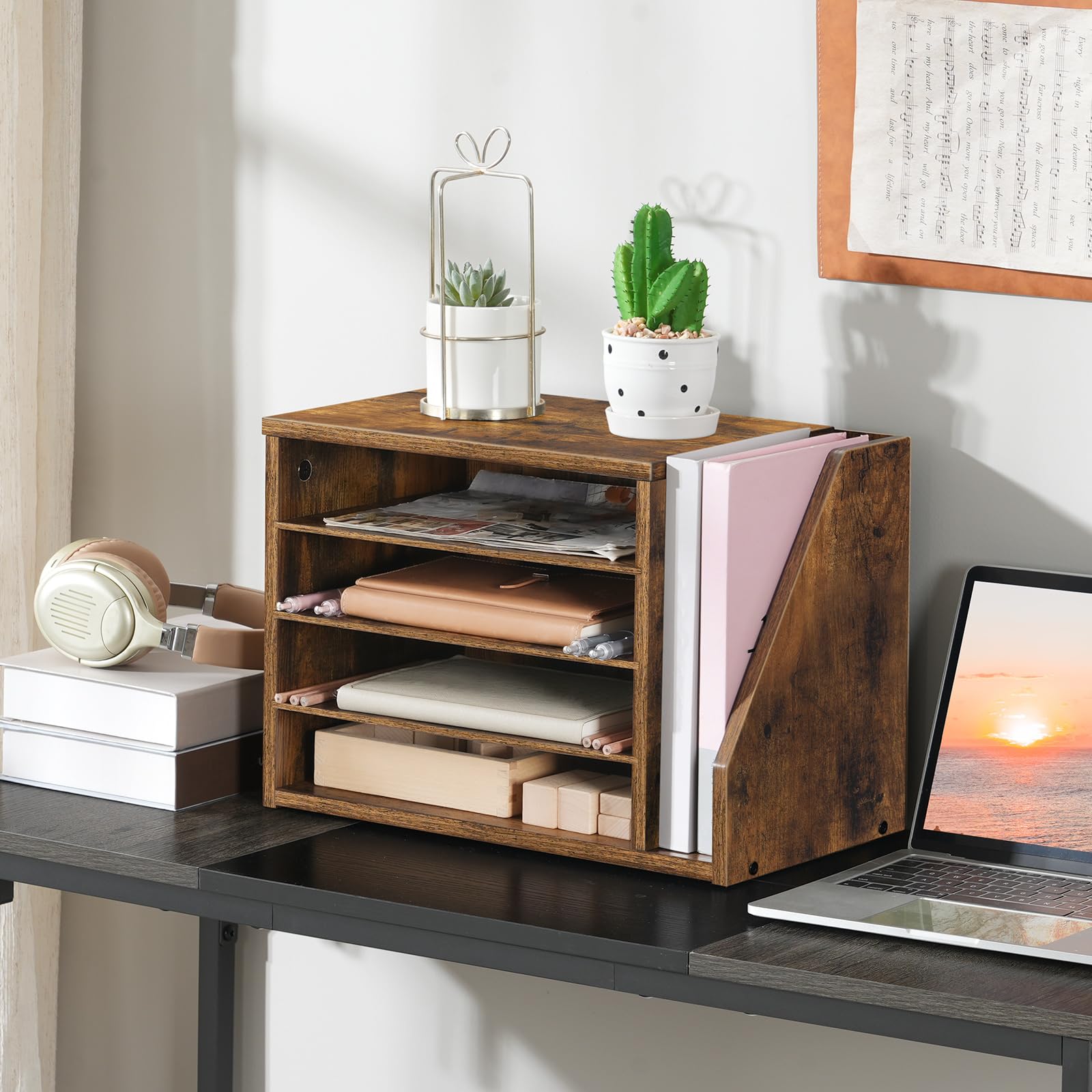 HOOBRO Organisateur à Dossier en bois d’ingénierie, Bannette de Rangement Bureau, Rangement à Courrier, Organisateur de Bureau, pour dossiers, courriers, enveloppes, magazines EFG41WF01