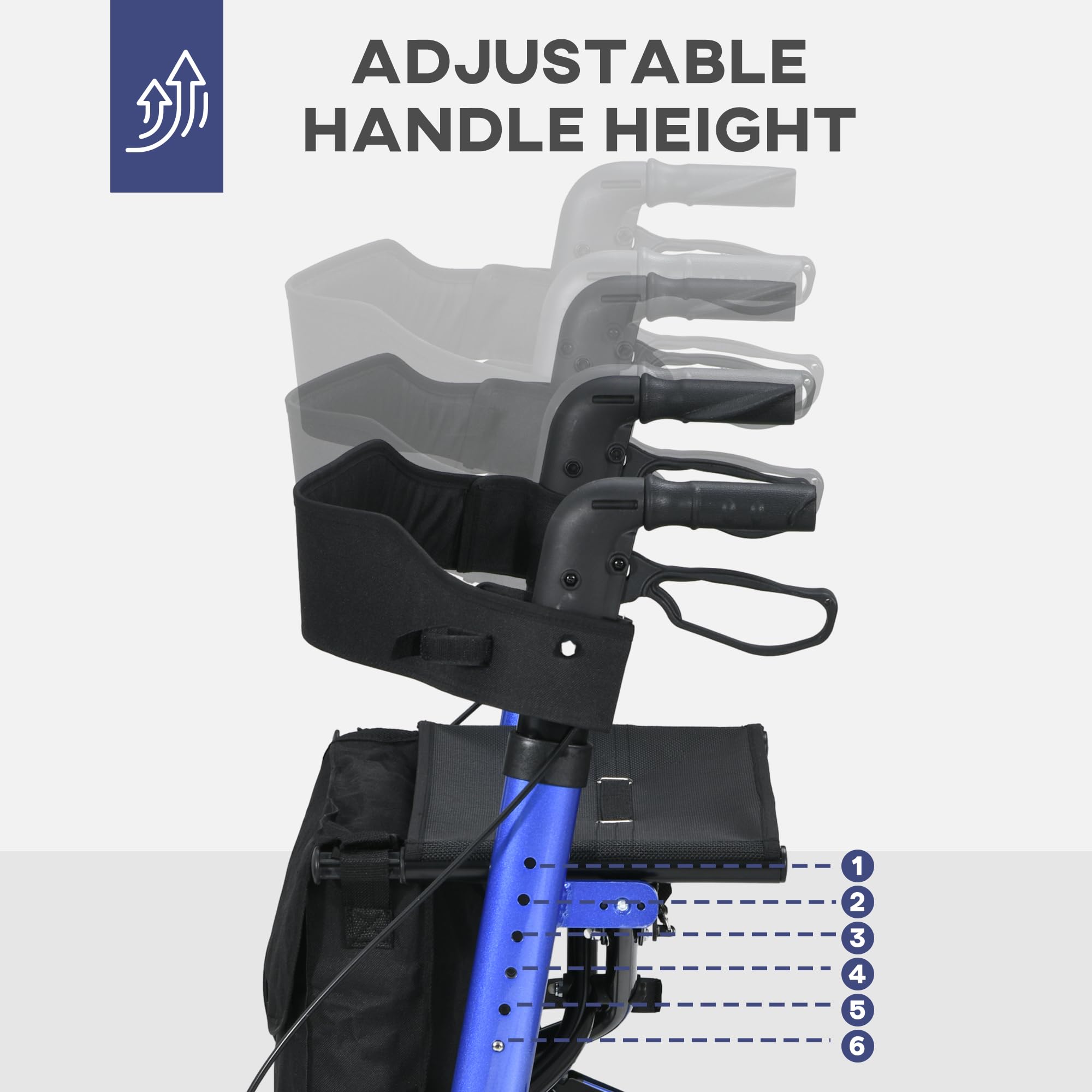 HOMCOM Andador de 4 ruedas con asiento y respaldo, andador plegable de movilidad con bolsa de transporte, altura ajustable, frenos duales, soporte para bastón, marco de aluminio ligero para personas