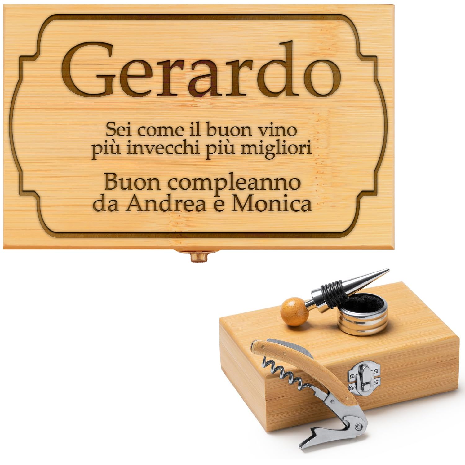 Set Da Vino Personalizzato In Legno - 3 Accessori Con Incisione - Idea Regalo Per Sommelier, Made In Italy