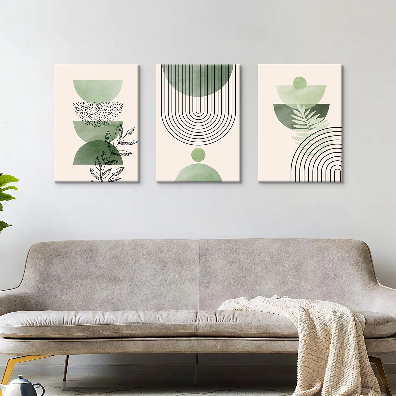 3 Pcs Wooden Framed Canvas Wall Art Set Bohemian Sage Green Canvas Prints Poster Geometric Line Beige Green Pictures for Living Room Bedroom Dinning Room Hallway Stairs Wall Decor 30x40cm x3pcs — view 17