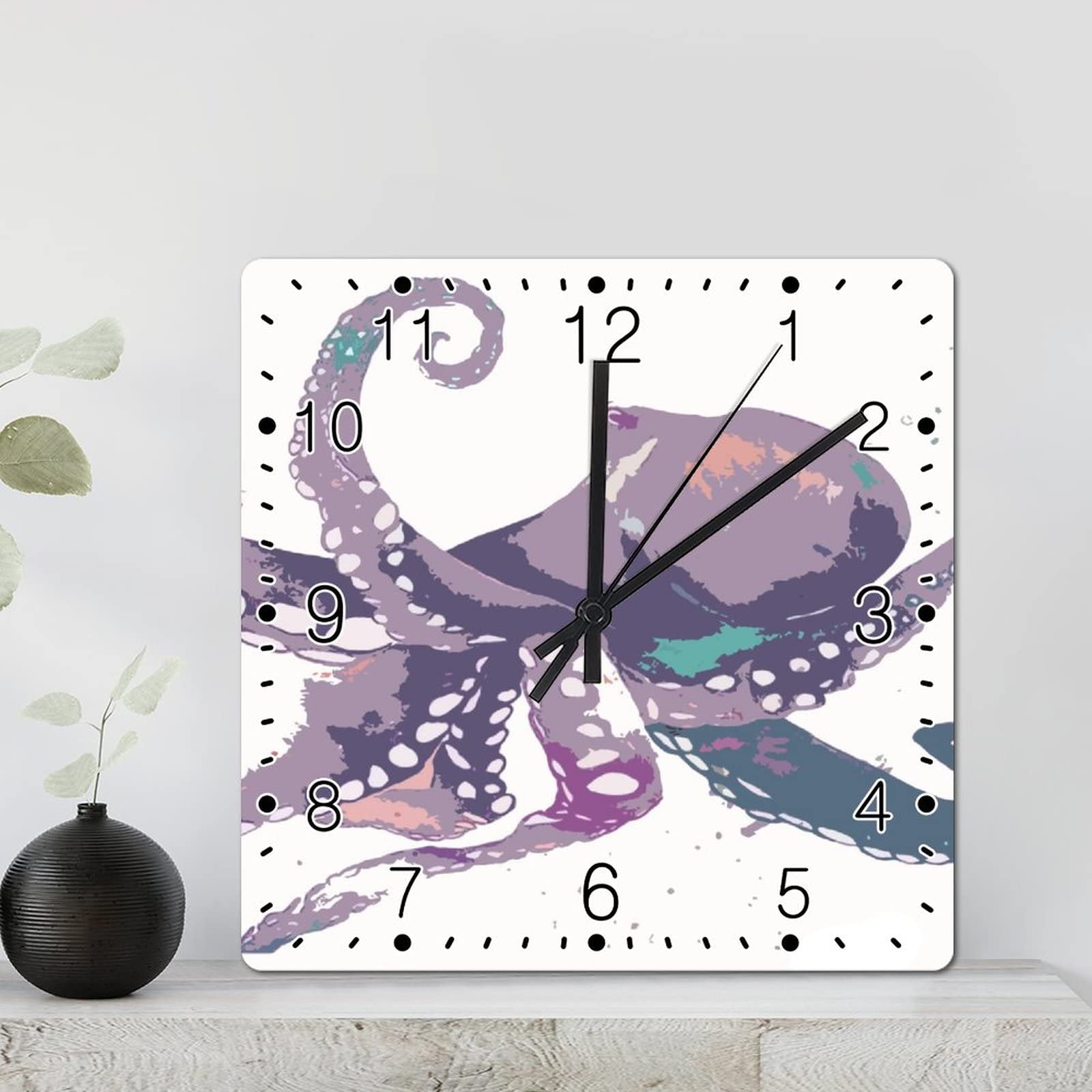 Horloge murale carrée en bois et illustration de méduse, un objet d'art de 30.5 cm de qualité