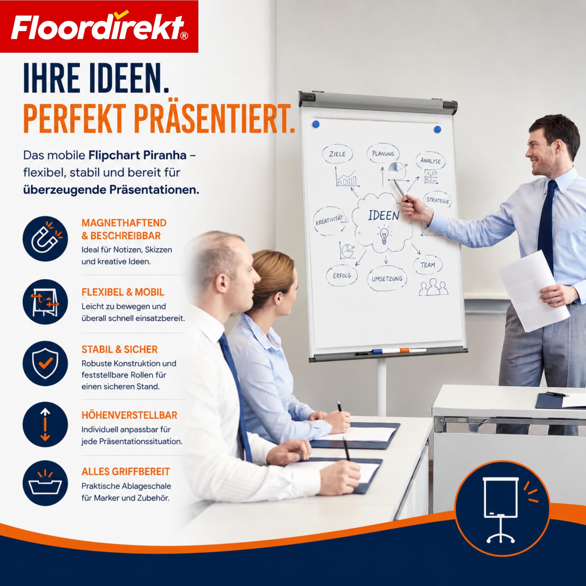 Floordirekt Pizarra magnética con soporte de rodillo, soporte para bloque y brazos laterales, magnético, se puede escribir y ajustar en altura, pizarra blanca, pizarra magnética, con bandeja de