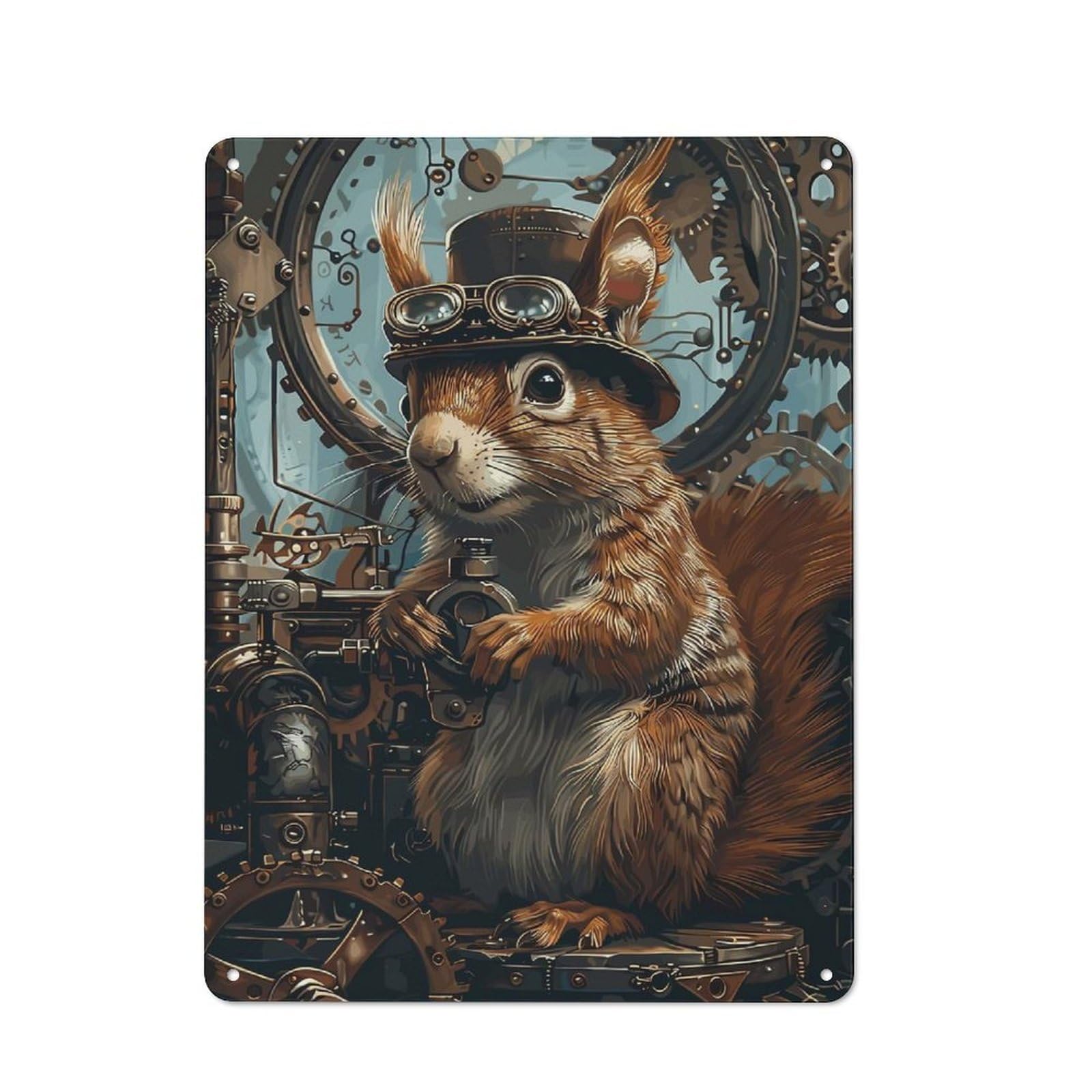 Farmhouse Metal Sign with Steampunk Animal Squirrel Design 40x30cm, Rustic Country Wall Plaque for Cottage, Kitchen, Hallway Or Breakfast Nook