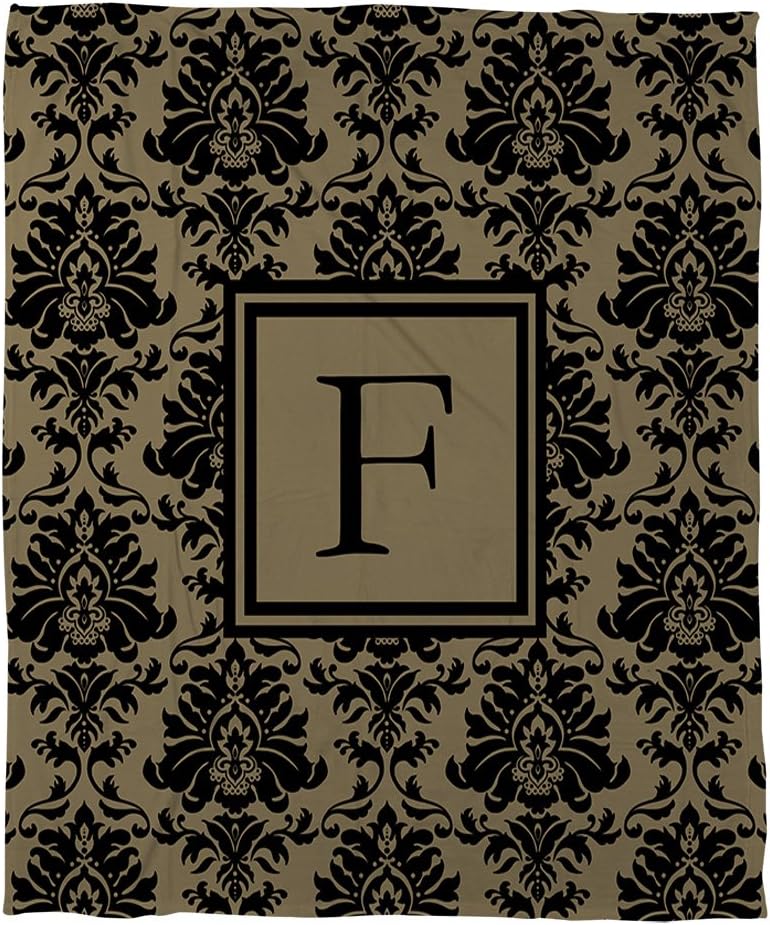 Manual Woodworkers & Weavers Coral Fleece Throw, 60 by 80-Inch, Monogrammed Letter F, Black and Gold Damask