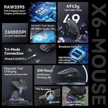 ATTACK SHARK X6 Lightweight Wireless Gaming Mouse with RGB Backlight Charging Base,Tri-Mode Wired/2.4GHz/BT5.2,26K DPI, PAW3395 Optical Sensor,HUANO Switch,5programmable Buttons,PC/Mac(Black)