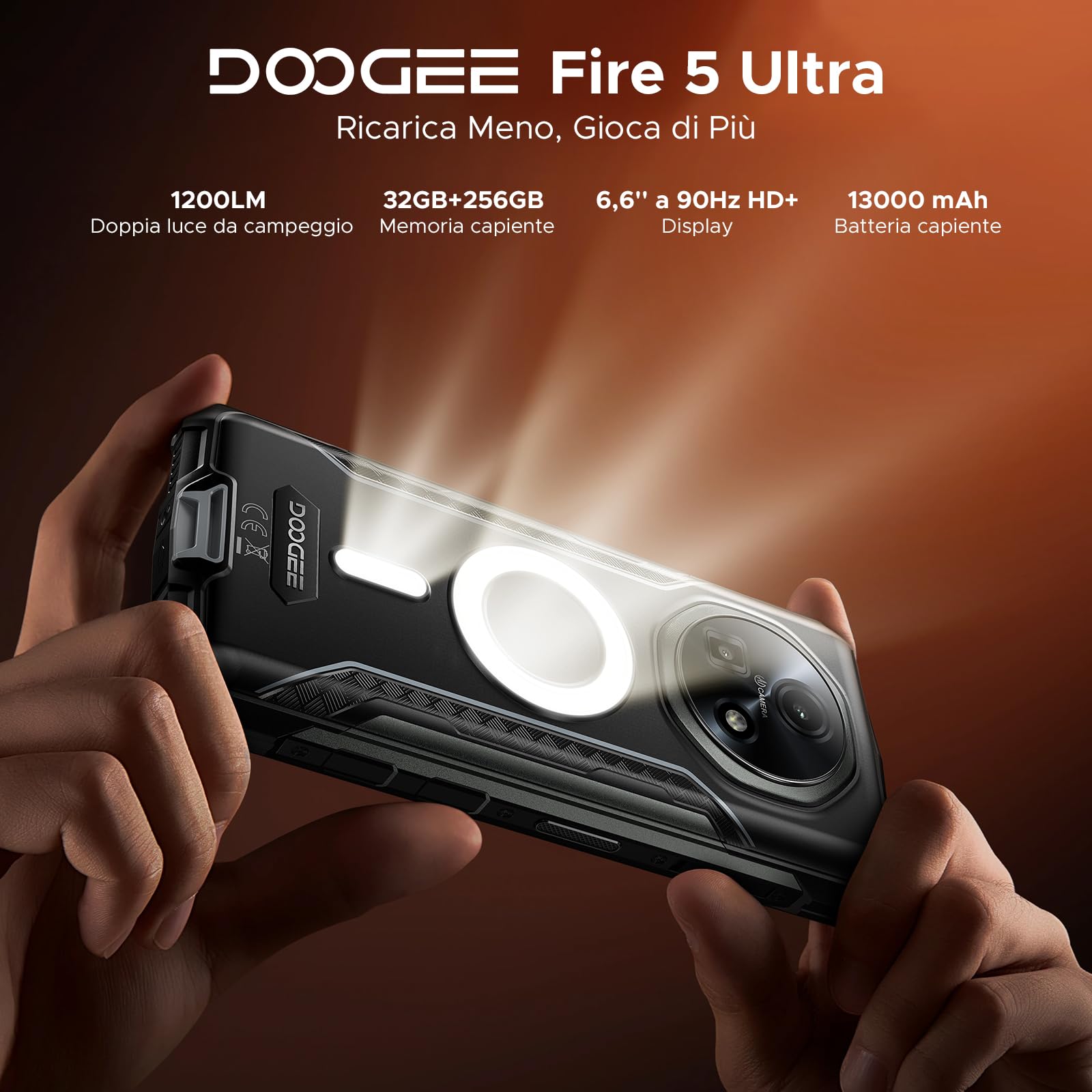 DOOGEE Fire 5 Ultra Rugged Smartphone, 32GB+256GB/2TB Telefono Indistruttibile, 1200LM Campeggio Luci, 13000mAh Batteria, MTK G81, Android 15, 48MP+8MP/4G Dual SIM/Fingerprint/Face ID/NFC
