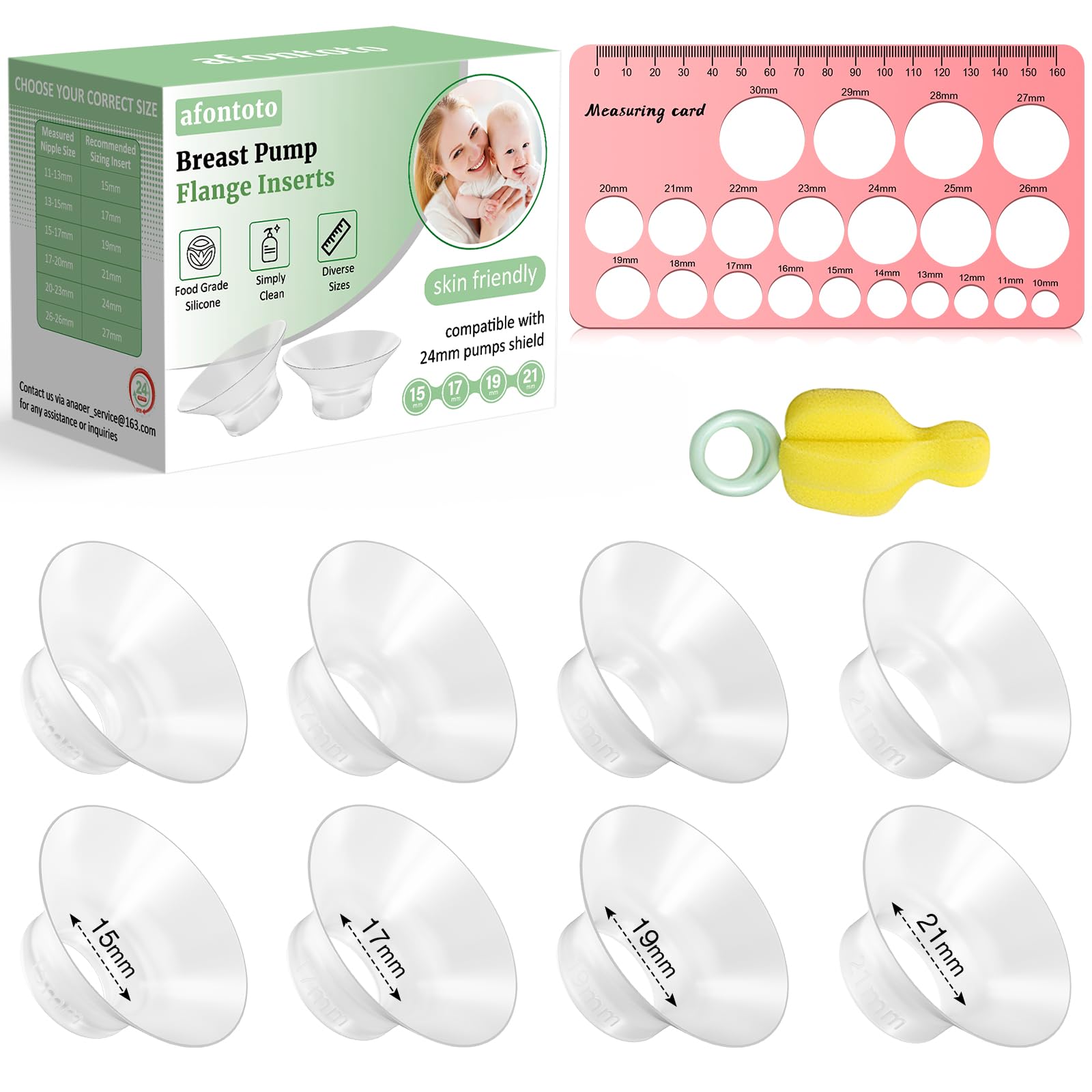 Upgrade Breast Pump Flange Inserts 15/17/19/21mm for Most 24mm Flange/Shield, 8PCS Softer Silicone Flange Sizing Kit Compatible with Momcozy/Spectra/Bellababy Breast Pump, M5/S12 Pro Replacement Parts