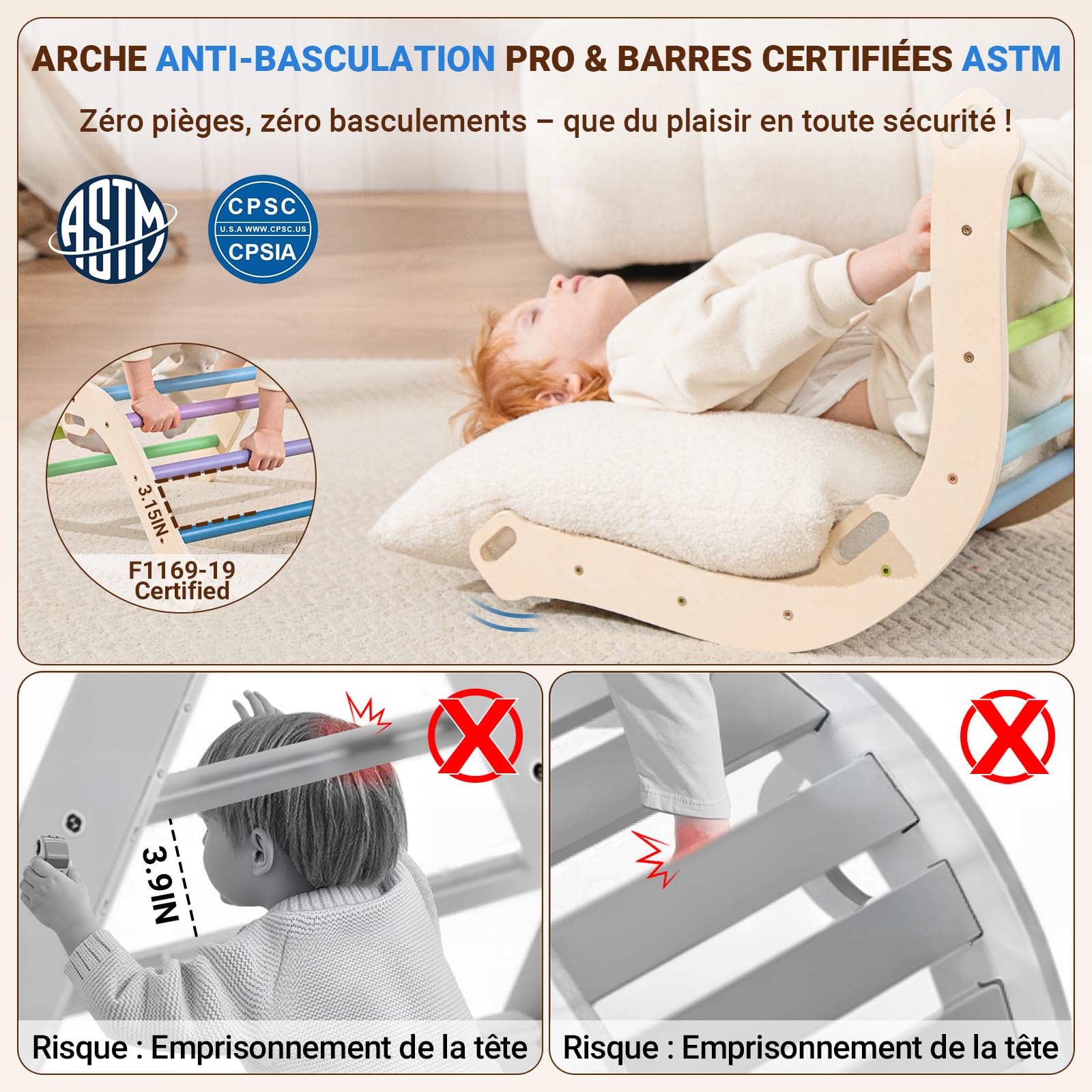 COSYLAND Triangle d’Escalade Montessori 8-en-1 – Arche Pliable en Bois, Parcours de Motricité pour Enfants 1–3 Ans, Structure Stable, Charge 80 kg, Coffret Cadeau Coloré (Froid)