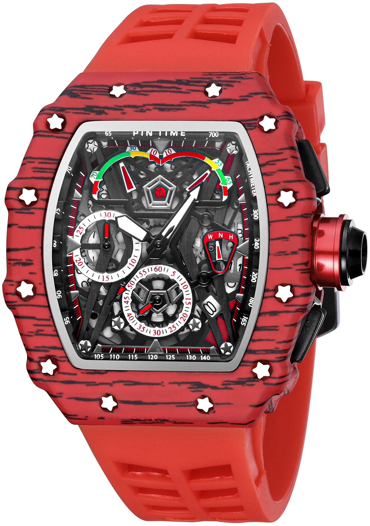 Mens Luxury Tonneau Square Watches Analog Punk Chronograph Unique Sports Wrist Watch Japanese Movement Luminous Design with Rubber Band