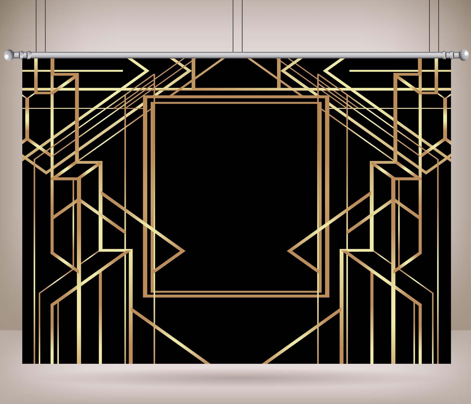 Tissu 4.5x2.5m Fond Cadre Art Déco Motif Géométrique Doré Fond Noir Style Vintage Années 20 Gatsby Arrière-Plan Photographique pour Fête Mariage Anniversaire Accessoires Photo