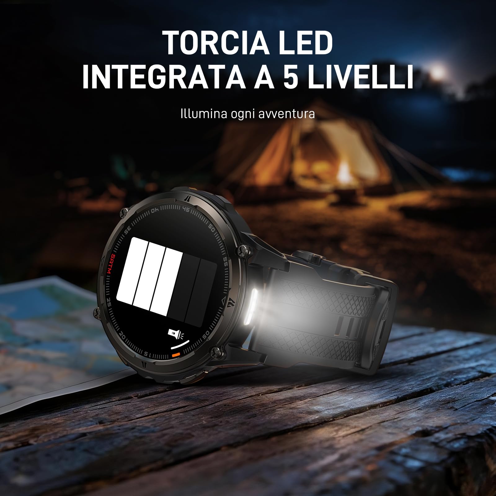 KOSPET ORB 2 Smartwatch uomo Rugged, GPS Dual-band, Impermeabile IP69&5ATM | Batteria da 500mAh, Torcia LED Integrata, 170+ Modalità Sportive, Monitor della Salute, Compatibile con Android & iPhone Nero