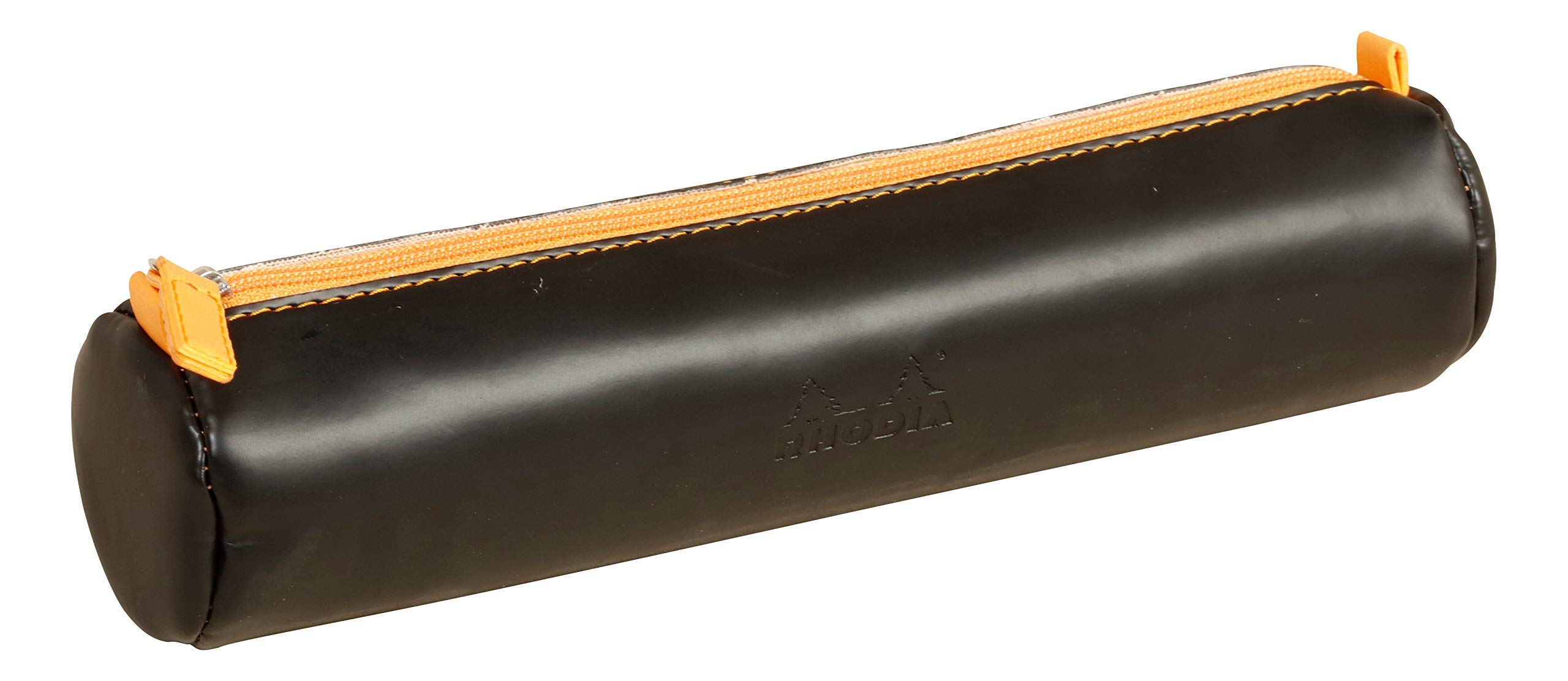 RHODIA 318892C - Rhodiarama Black Round Pencil Case - 21.5 x 5.5 cm - Genuine Orange Stitching - Ivory Jersey Interior - Faux Leather - Storage for Pens, Pencils, Markers, Small Supplies