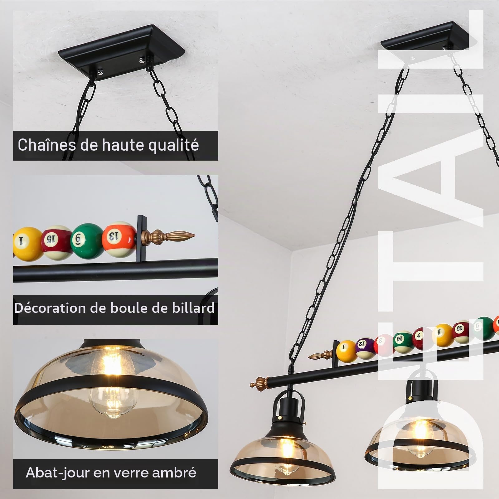 Suspension Luminaire Vintage, Lampe Lustre de Cuisine Industriel, Éclairage Plafonnier pour Salle à Manger, Salon, Avec Lumière Pendentif, Convient pour Table de Billard et Îlot