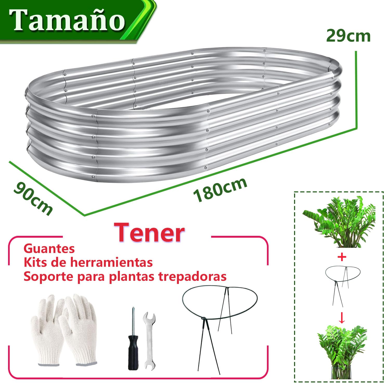 2 Piezas Macetero Elevado de Metal 180×90×29 cm Galvanizado Cama Elevada de Jardín para Verduras, Flores y Hierbas en el Jardín (180×90×29 cm, con Soporte para Plantas)
