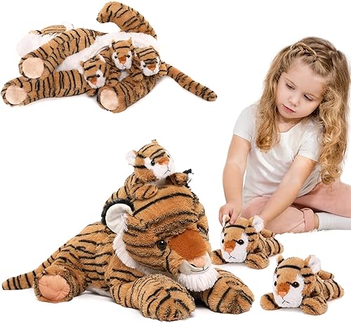 MaoGoLan Animales de peluche grandes de tigre para niños peluche de mamá tigre con 3 tigres pequeños 4 animales de peluche a granel para colección