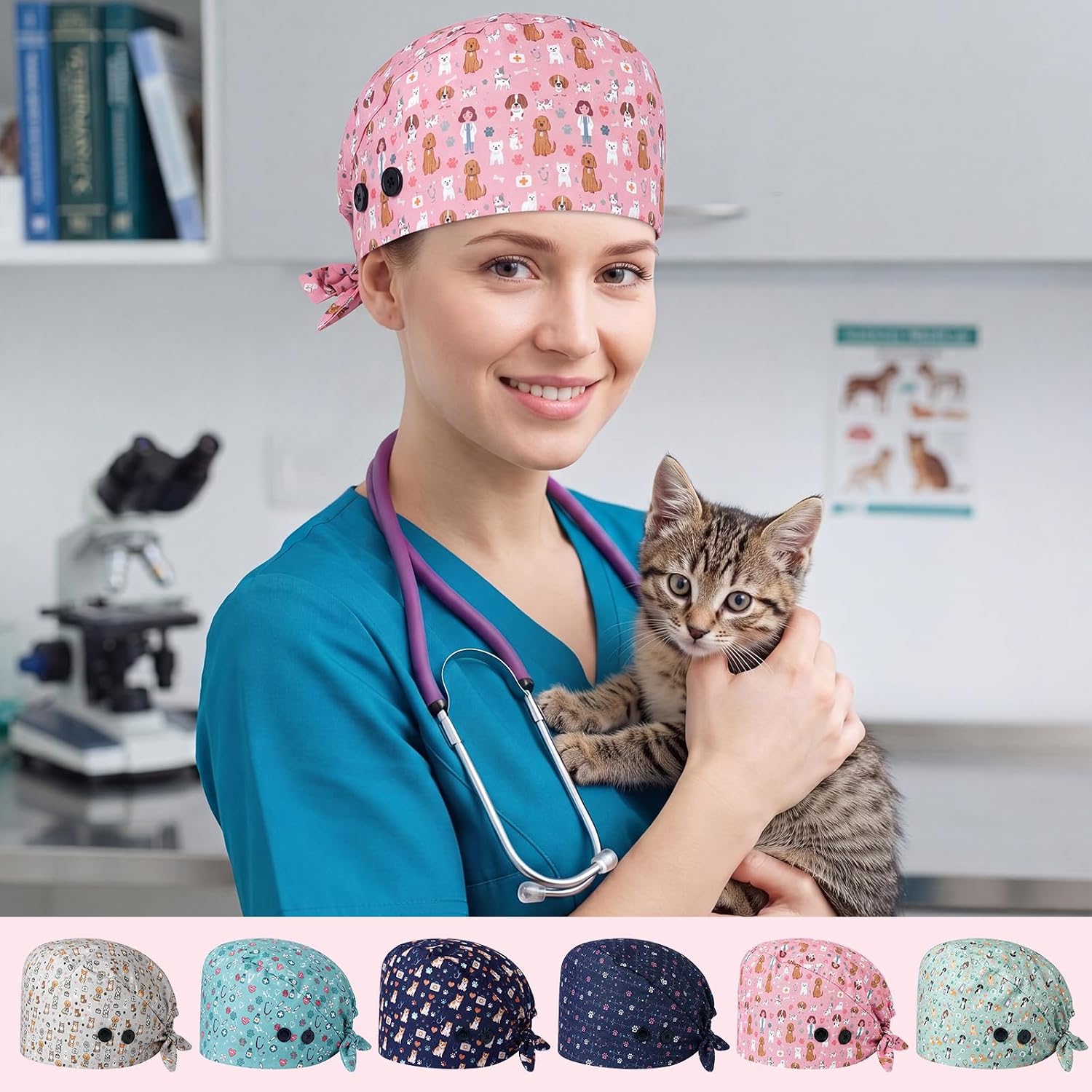 6 Pcs Veterinary Scrub Caps for Women Vet Tech Nurse Surgical Hat