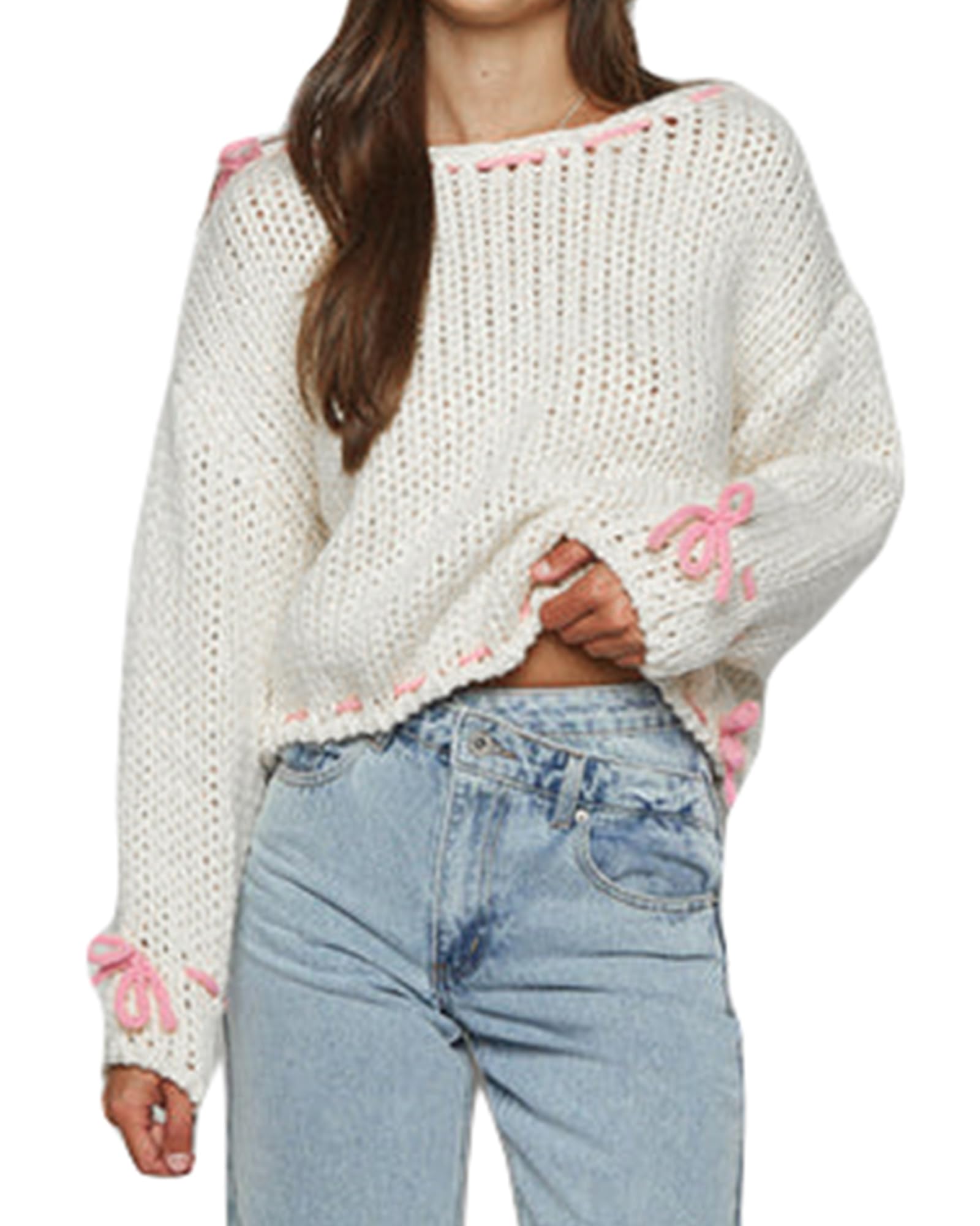 Women Cute Bow Sweater Off Shoulder Long Sleeve Ribbon Lace Up Knitted Jumper Loose Fit Cable Knitwear Top