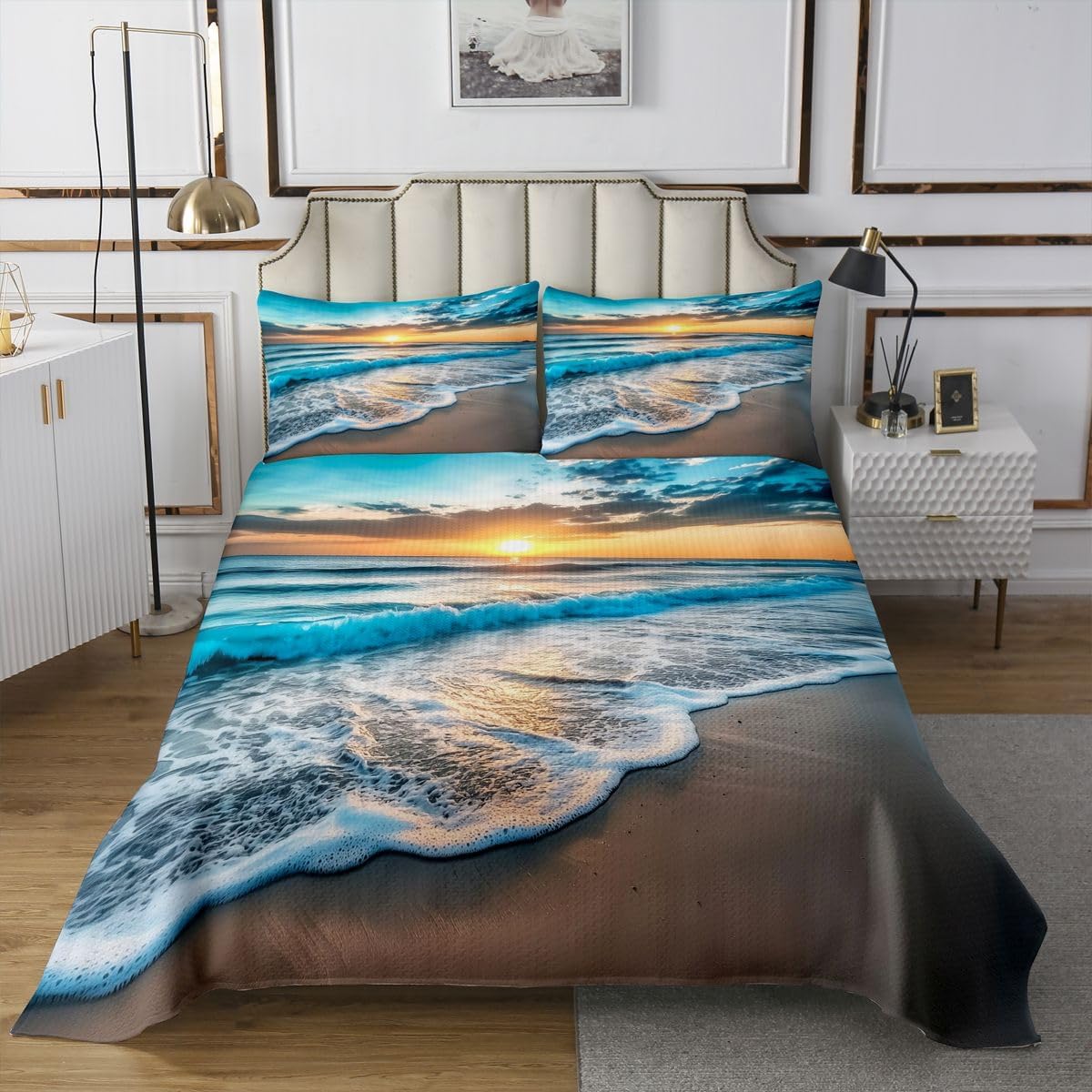 Manfei Starfish Shell Beach Bedspread,Coastal Hawaii Quilt Set for Adults Women,Summer Ocean Dreamy Bedding Set,Blue Green 3 Pcs Coverlet Set with 2 Pillow Shams,King Size