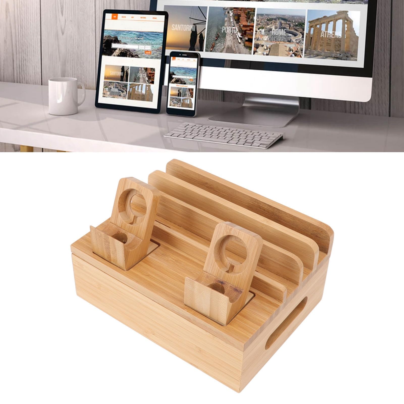 Station de Charge multifonctionnelle avec 5 Ports de Chargeur USB, boîte de Rangement de Chargeur en Bois avec Support de Montre pour téléphones Mobiles, tablettes, Montres, (Couleur Originale)