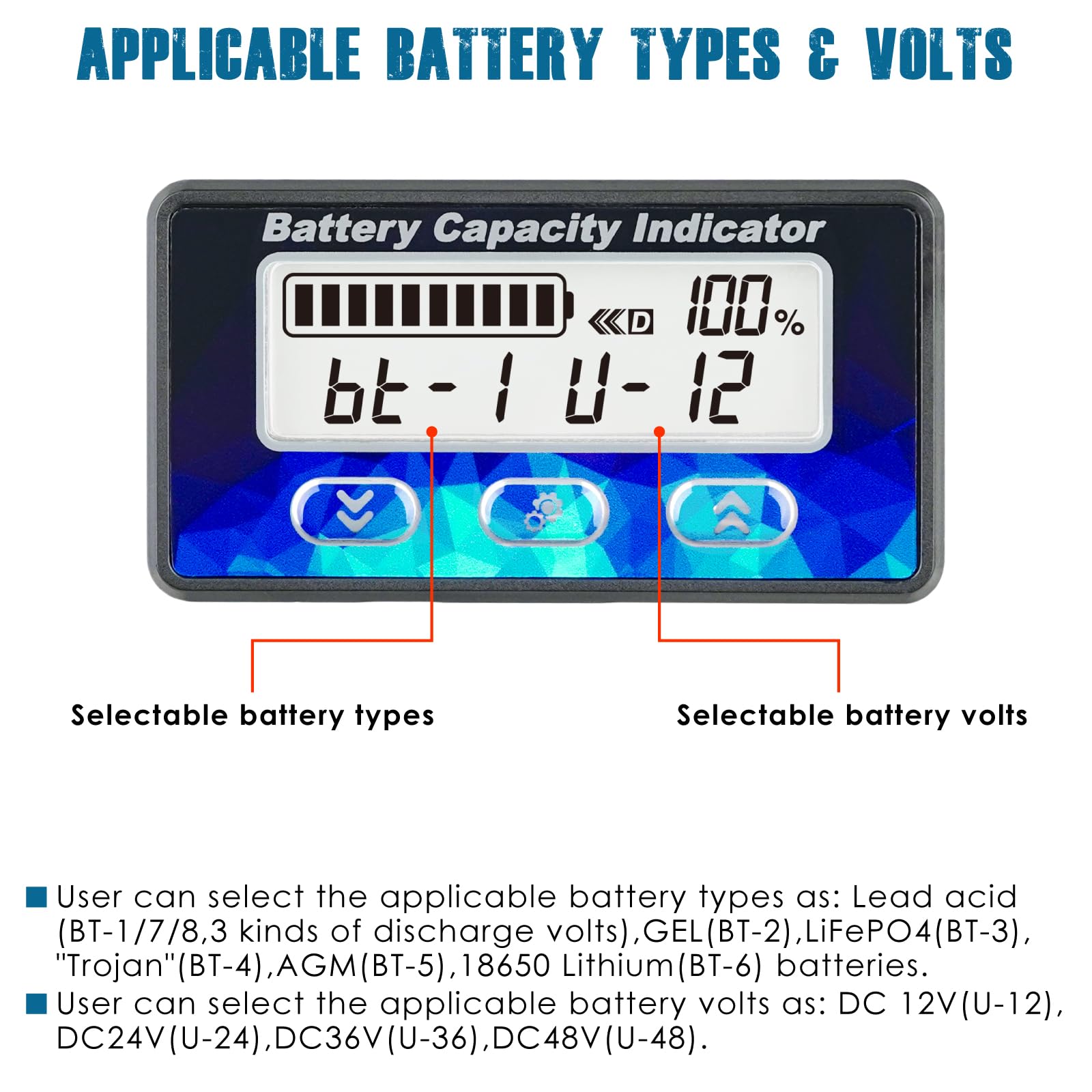 Runleader RL-BI050C Mini Monitor Batteria con Shunt 100A | Capacità Tensione & Contaore per DC 12V 24V 36V 48V LiFePO4 AGM GEL Piombo Acido Trojan Litio Camper Carrello Golf Bici