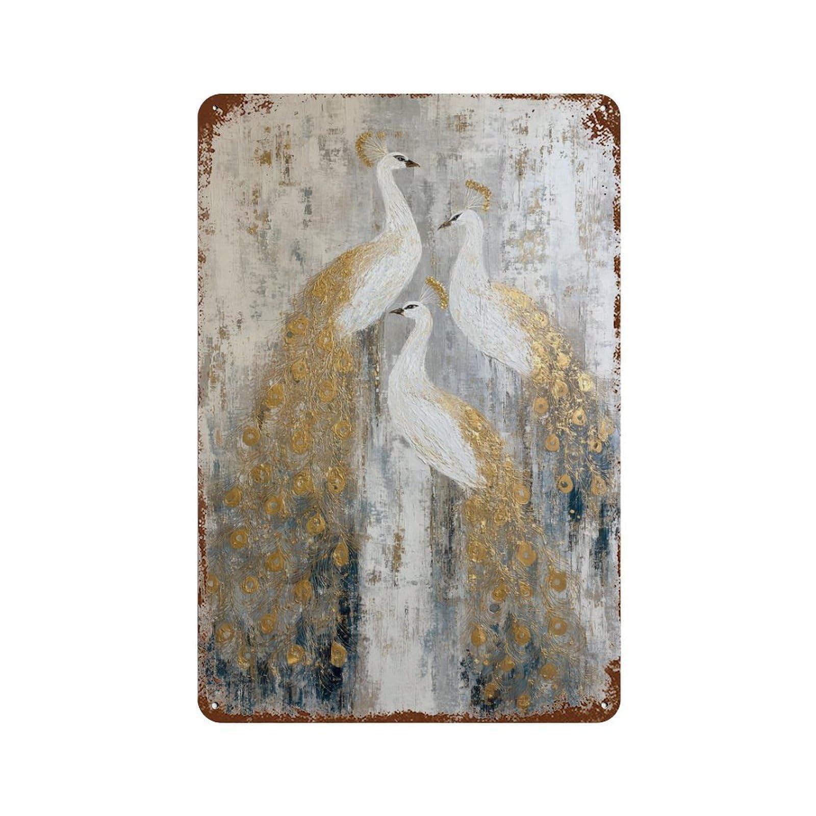 Garage Style Golden Peacock Wall Art Decor Rustic Tin Plaque 11.8"x7.9", Vintage Wall Decor for Bar And Workshop