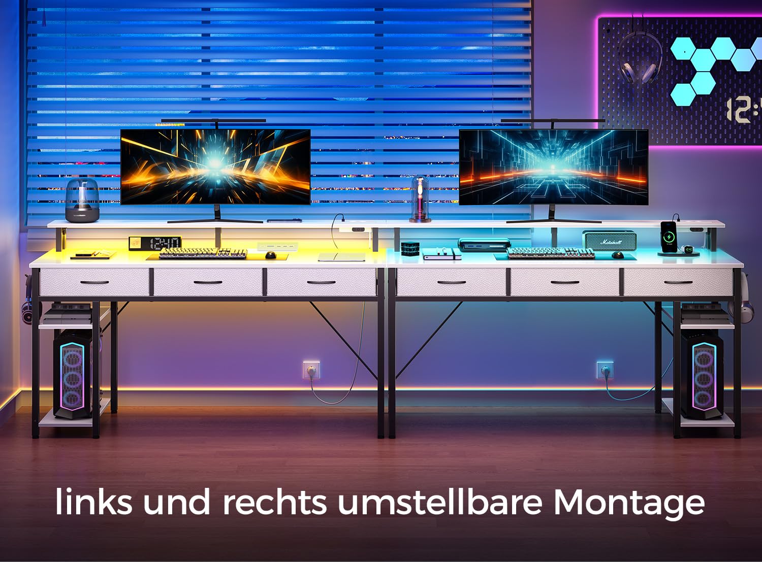 Seventable Schreibtisch mit Schubladen, Computertisch mit Steckdosen & LED, Gaming Tisch mit Monitorständer, Regal & 2 Haken, Gaming Schreibtisch für Büro, Wohnzimmer (Weiß, 100 cm)