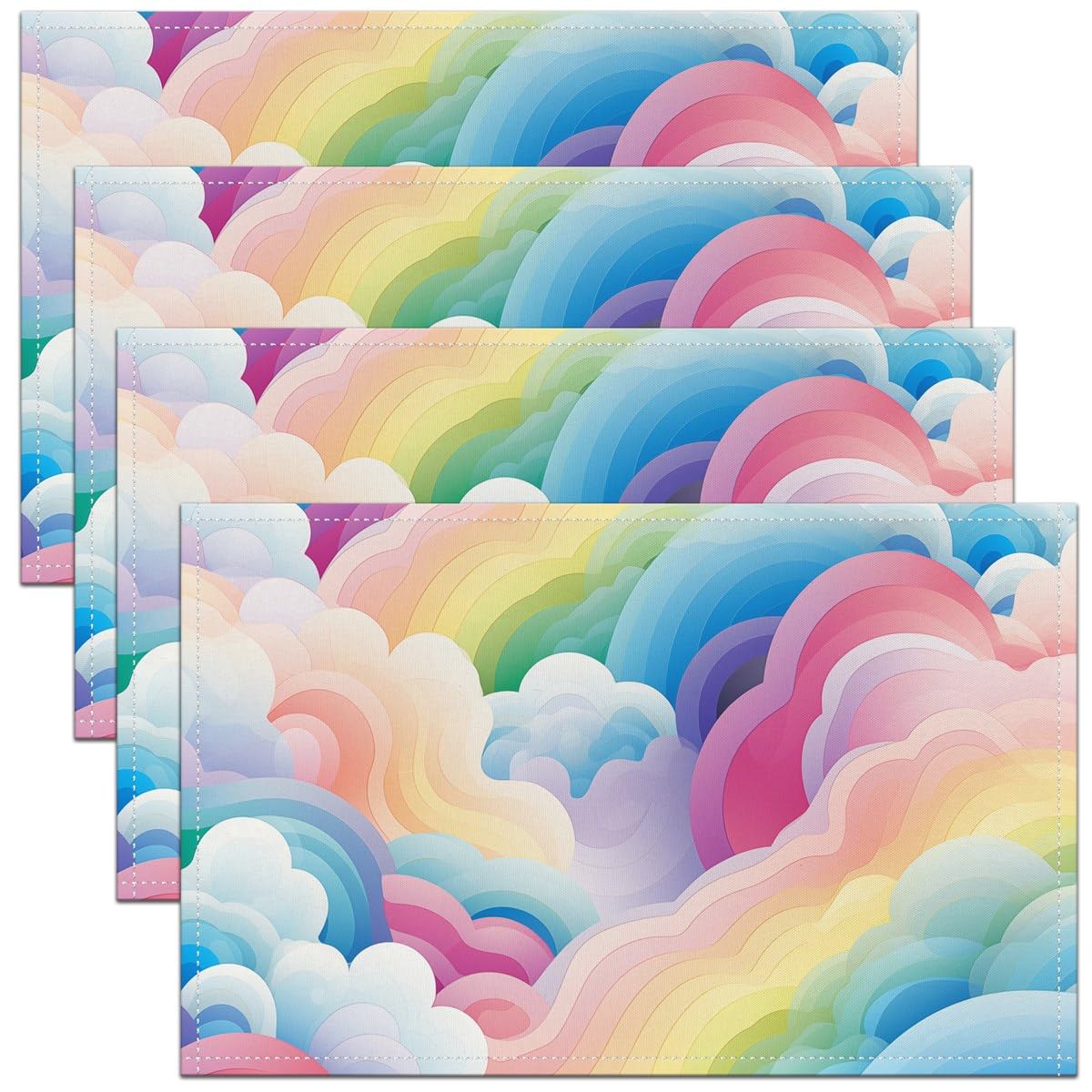 Cartoon Geometric Rainbow Placemats Set of 4,Colourful Cloud Place Mats for Kids Girls,Watercolor Rainbow Wave Table Mats,Abstract Style Waterproof Placemats 12x18 Inch