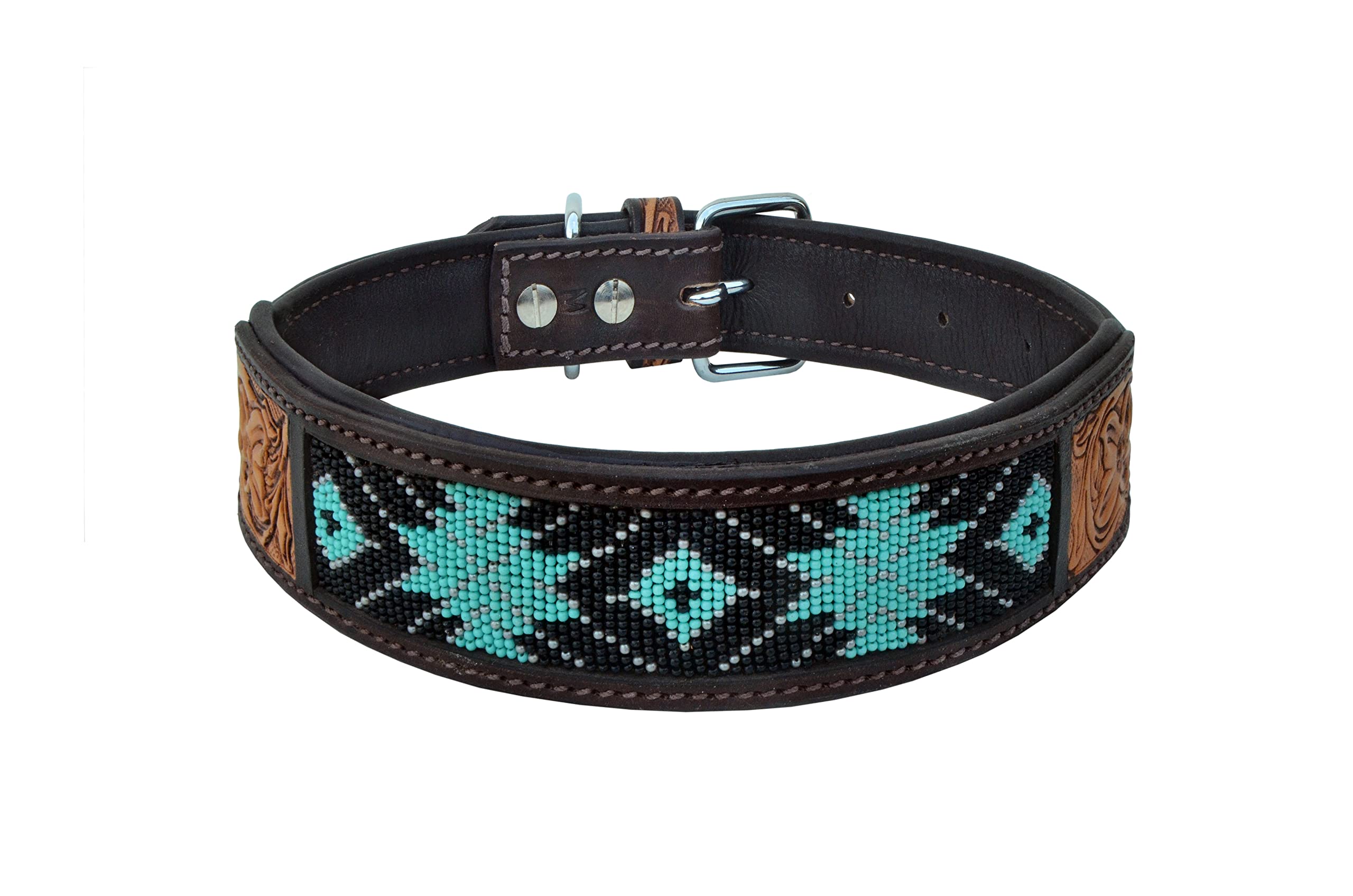 Affilare Leder-Hundehalsband, Western-Stil, strapazierfähig, handgefertigt, verstellbar, mit Perlen und gepolstert, weich für Welpen und große Hunde, 10AB009, Silber, Braun
