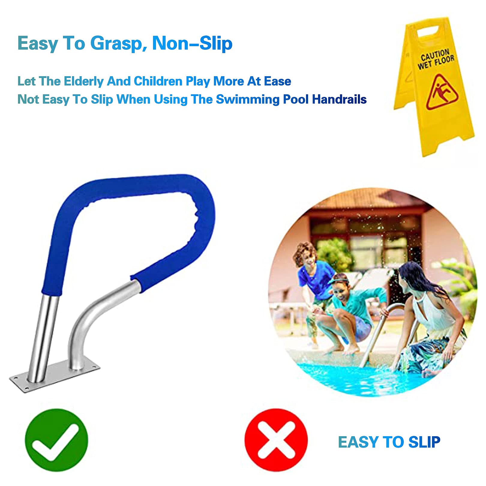 Rampe de sécurité pour piscine, rampe de piscine, rampe de piscine, rampe de piscine, 1 pièce, rampe d'appui facile à monter, rampe de sécurité pour piscines avec revêtement antidérapant bleu, facile
