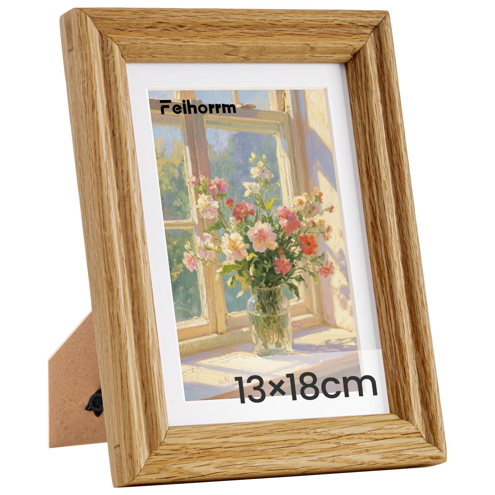 Feihorrm Vintage Picture Frame, Oak Solid Wood Photo Frame, with Tempered Glass, for 13 x 18 cm Photos without Mount or 9 x 14 cm Photos with Mount (Beige, 13 x 18 cm)