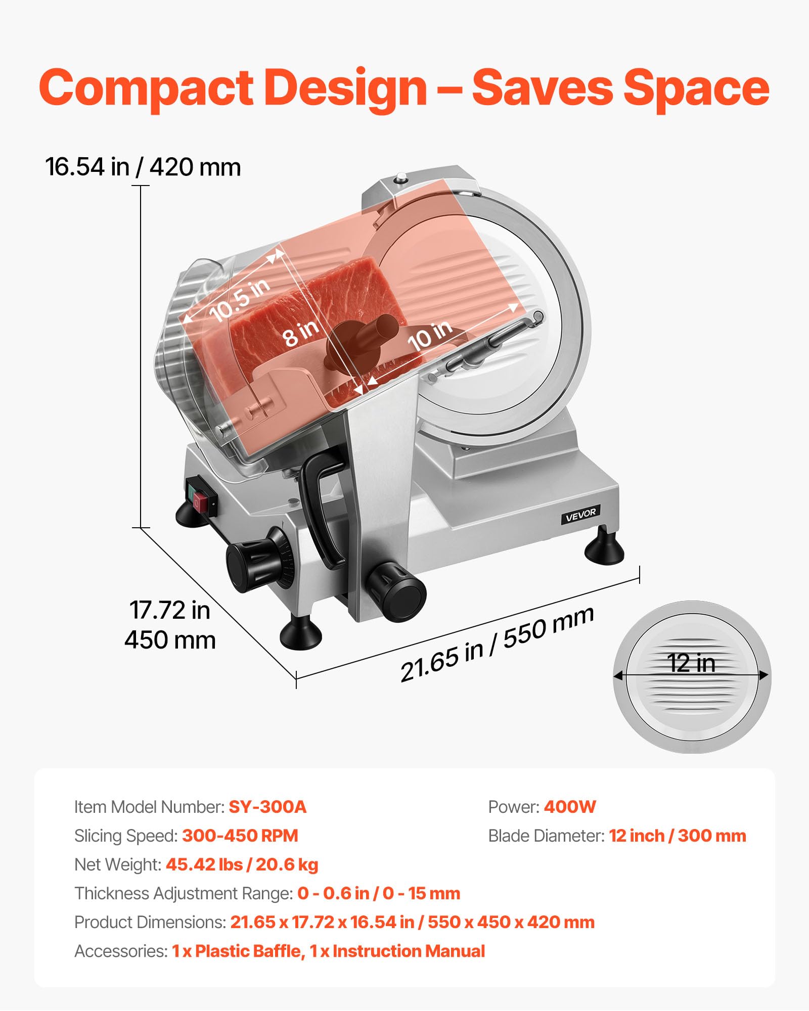 VEVOR Affettatrice Elettrica Multiuso, Macchina Affettatrice per Carne Congelata 400W Lame in Acciaio al Carbonio Rimovibile da 30 cm con Vassoio di Raccolta, Spessore di Taglio Regolabile da 0-15 mm
