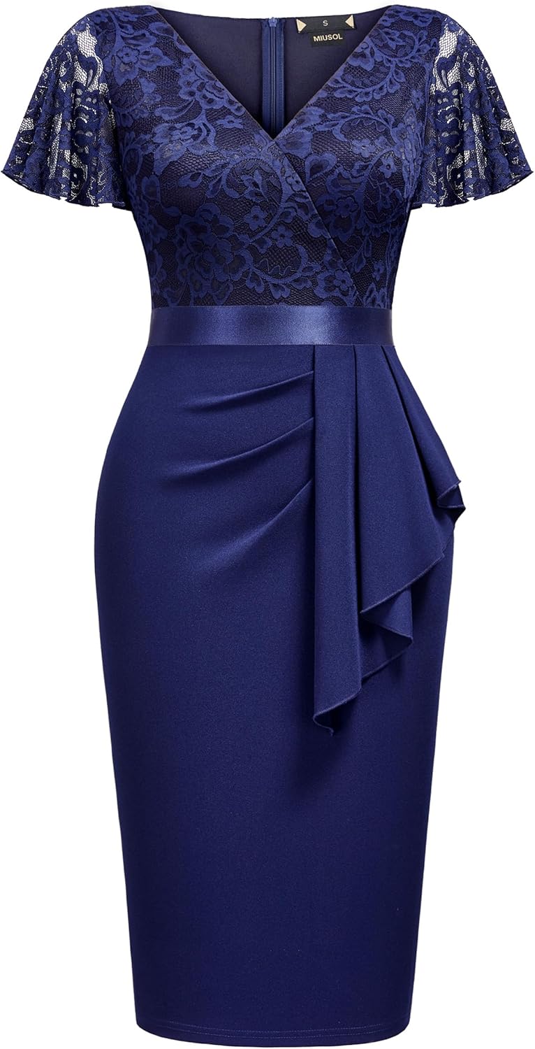 Miusol Women's Floral Lace V Neck Elegant Ruffle Cocktail Dress - Image 4