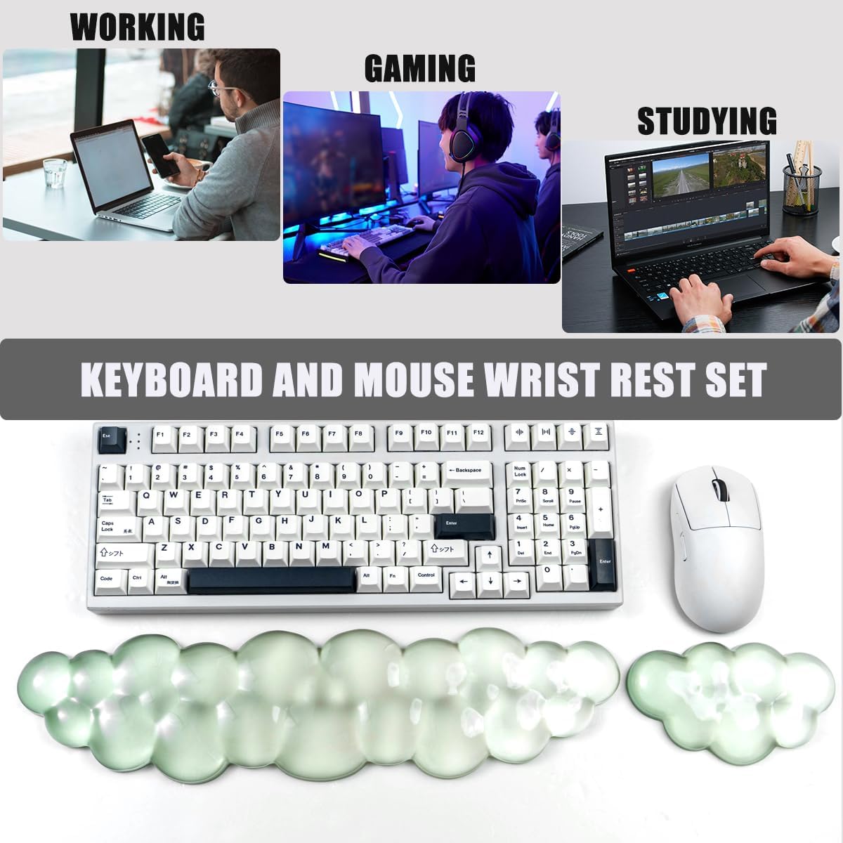 Ergonomic Gel Keyboard and Mouse Wrist Rest Set – Green Cloud Wrist Rest for Computer Keyboard 60%/68%/75%, Comfort & Support for Typing and Gaming