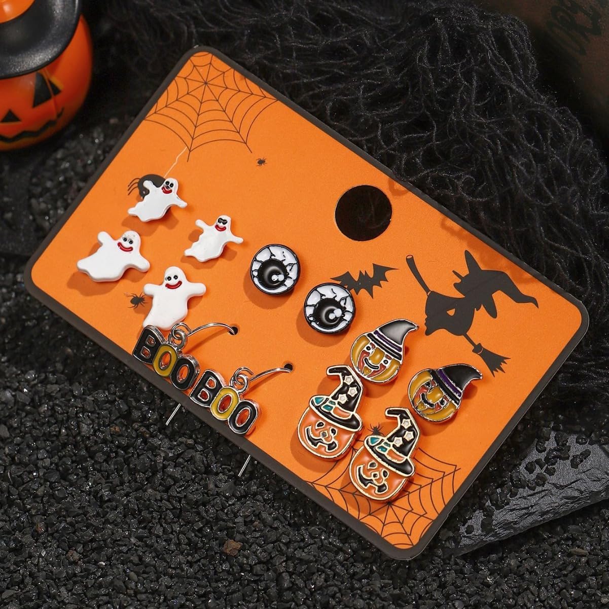6 Pairs Halloween Stud Earrings for Women Cute Tiny Spider Web Pumpkin Ghost Bat Stud Earrings Halloween Outfits Accessories Costume Party Gift - Image 5