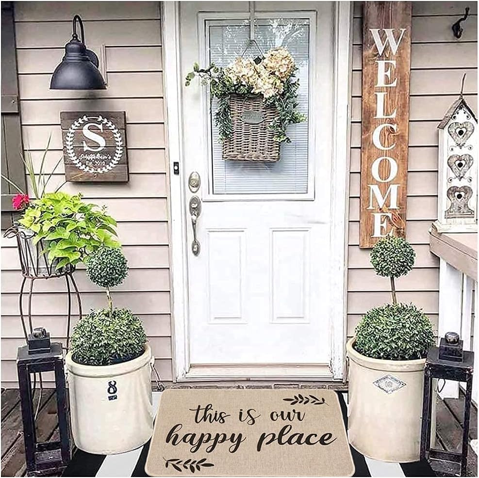 Welcome Mats for Front Door This is Our Happy Place Door Mat Decorative Quote Doormat Farmhouse Floor Mats Rubber Entrance Rug for Indoor Outdoor 17x28 inch