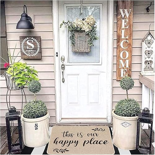 Miniatura 8 de Tapetes de bienvenida para puerta delantera, tapete de puerta con texto en inglés "This is Our Happy Place", tapete decorativo con cita para casa de