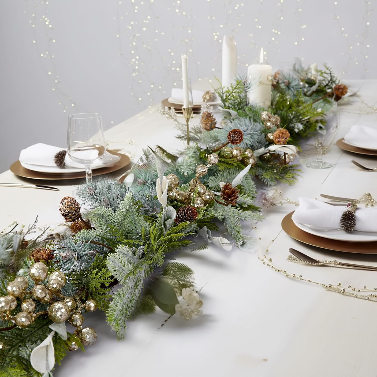 WBHome 6ft Mixed Snowy Norway Spruce & Pine Branch with Shimmy Berries Mantle Christmas Garland, Winter Flocked Garland for Christmas Holiday Seasonal Indoor/Outdoor Home Decor Mantle