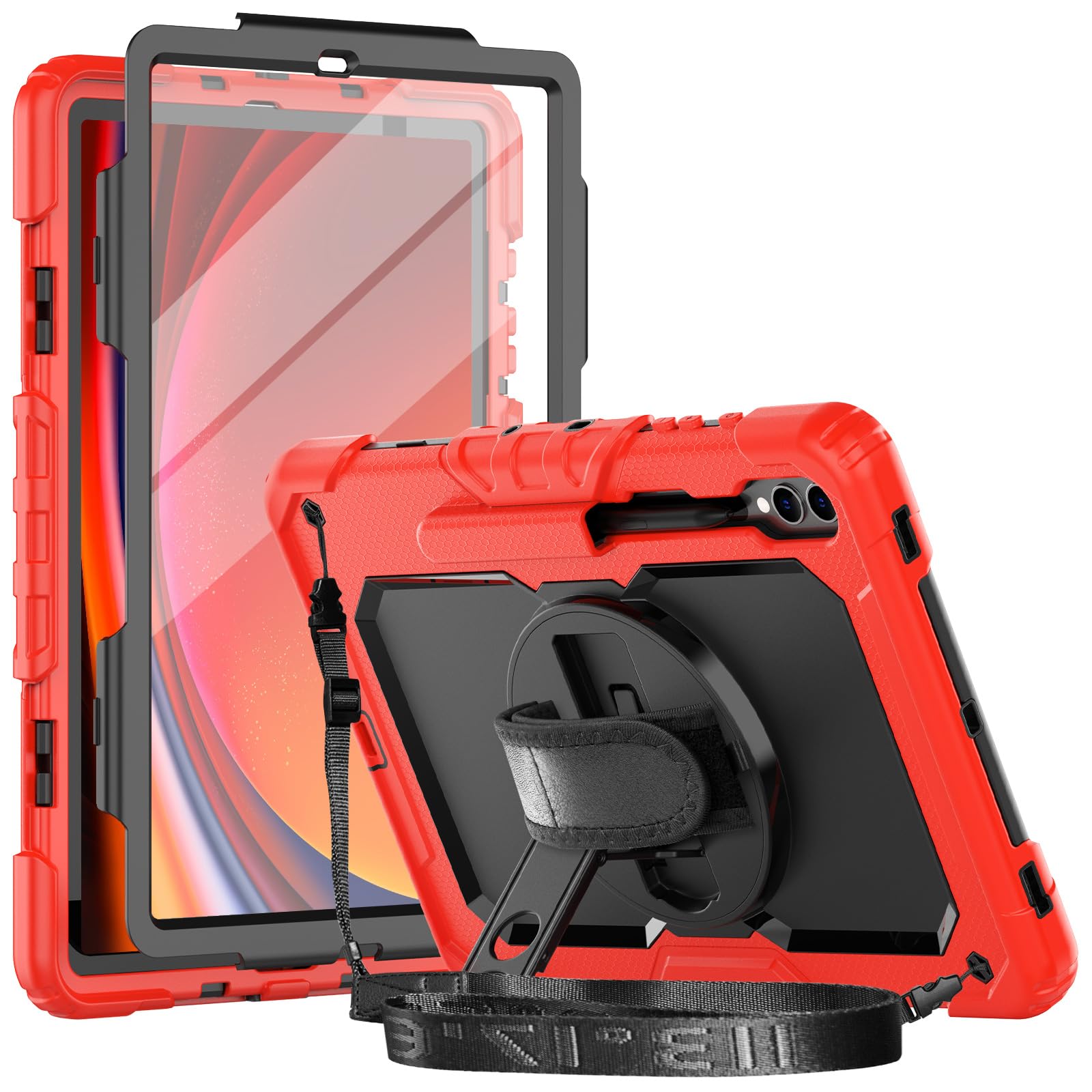 Herize Samsung Galaxy Tab S9+ Plus Case with Screen Protector | Shockproof Durable Rugged Cover W/Kickstand Hand Strap Shoulder Strap for Tab S9 Plus 12.4 Inch Tablet SM-X810/SM-X816B/SM-X818U | Red